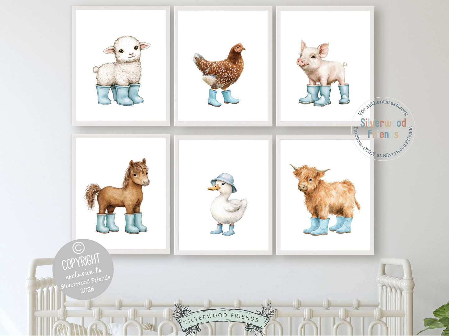 Baby Farm Animal Prints, Blue Farmyard Animal Nursery Decor (Digital Print)