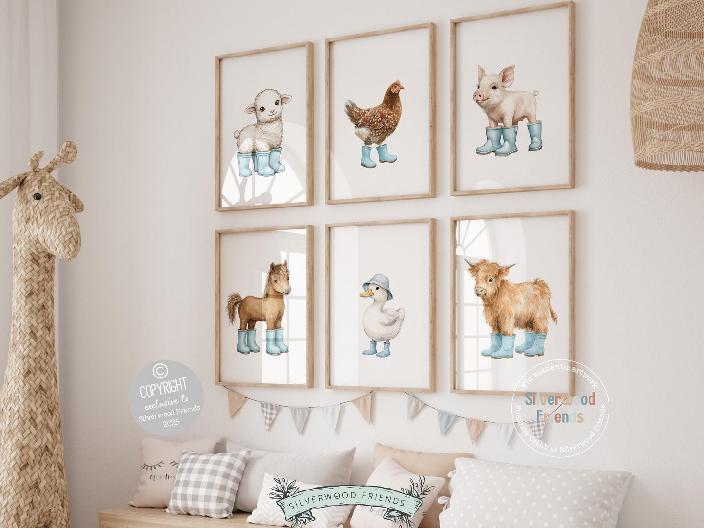 Add a splash of rustic charm and playful whimsy to your space with our adorable set of 6 baby farm animal nursery prints! Featuring sweet watercolor animals—Highland cow, duck, horse, lamb, chicken, and piglet—all in various shades of blue rain boots, this versatile collection is perfect for nursery decor, farmhouse mudroom wall art, and makes an irresistibly cute farm baby shower gift.