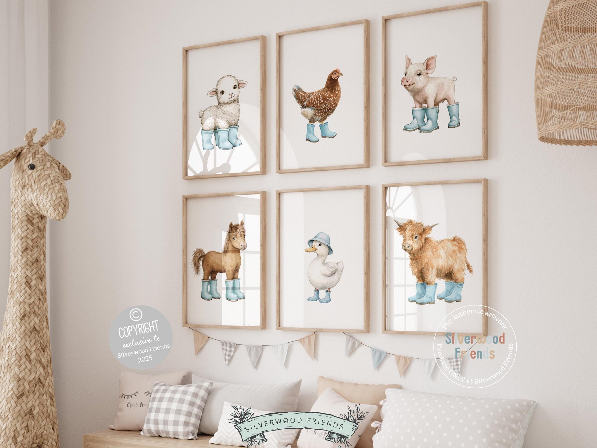 Add a splash of rustic charm and playful whimsy to your space with our adorable set of 6 baby farm animal nursery prints! Featuring sweet watercolor animals—Highland cow, duck, horse, lamb, chicken, and piglet—all in various shades of blue rain boots, this versatile collection is perfect for nursery decor, farmhouse mudroom wall art, and makes an irresistibly cute farm baby shower gift.
