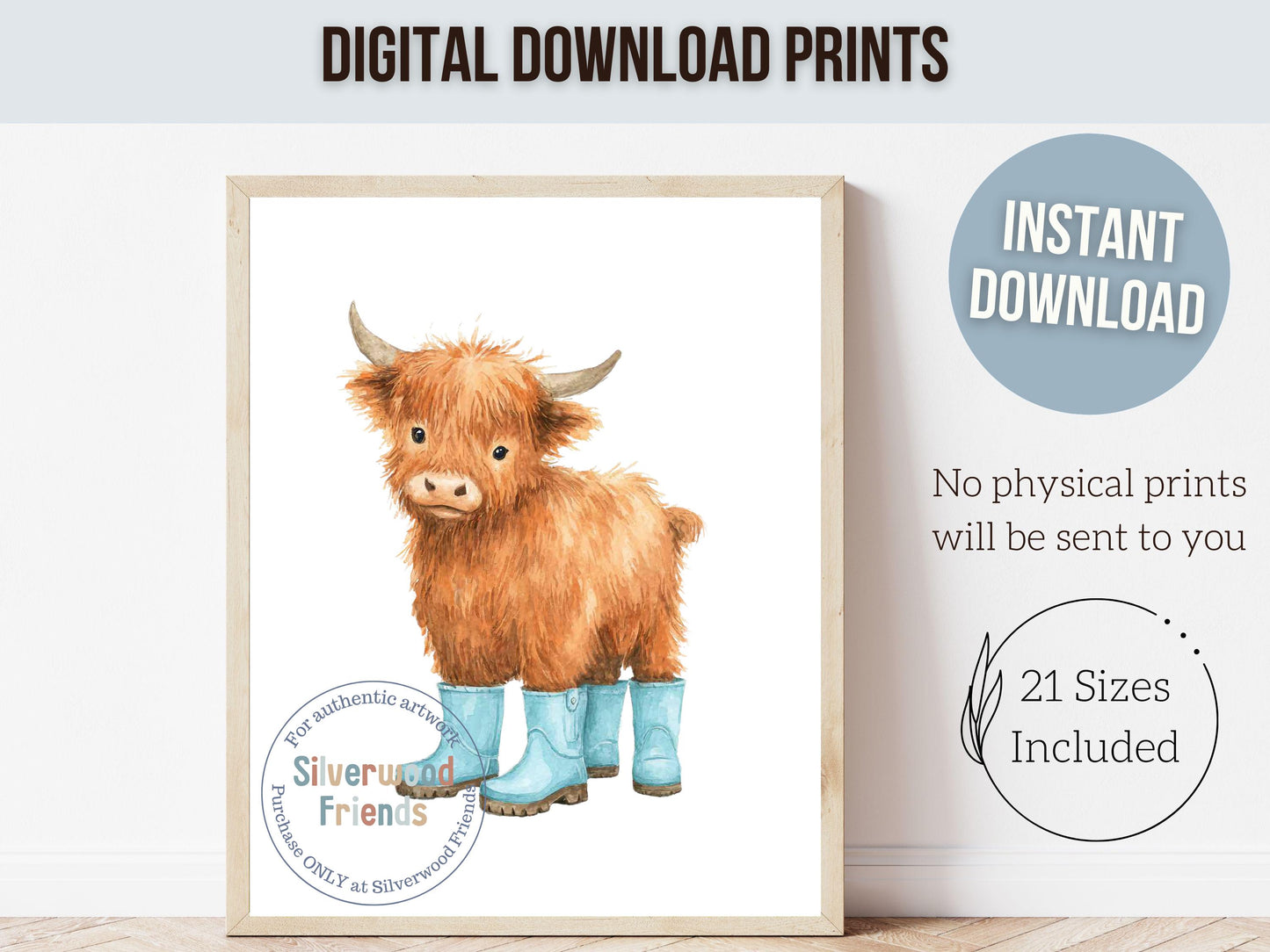 Highland Cow Nursery Print, Blue Highland Cow Nursery Decor, Watercolor Highland Cow Gift, Kids Farm Bedroom Wall Decor Digital Print