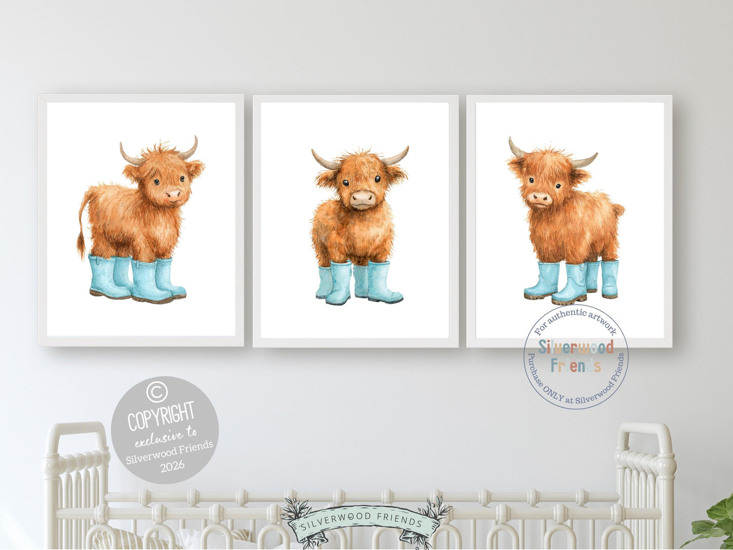 Highland Cow Nursery Print, Blue Highland Cow Nursery Decor, Watercolor Highland Cow Gift, Kids Farm Bedroom Wall Decor Digital Print