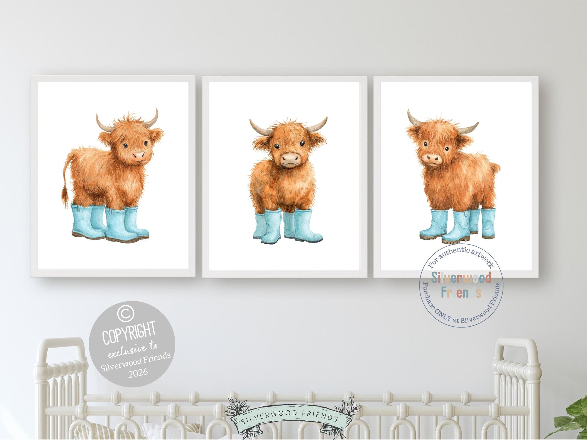 Highland Cow Nursery Print, Blue Highland Cow Nursery Decor, Watercolor Highland Cow Gift, Kids Farm Bedroom Wall Decor Digital Print