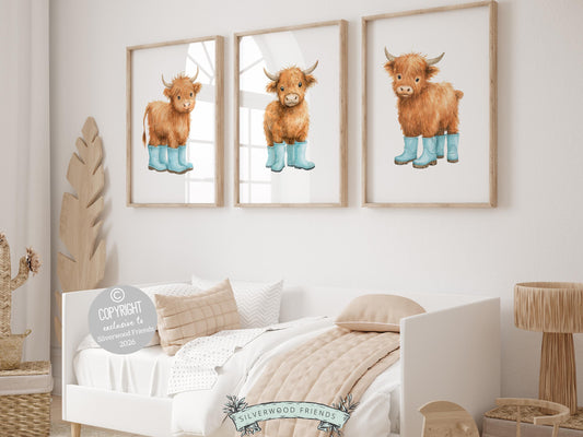 Our charming Highland Cow Prints showcase adorable watercolor baby highland cows in light blue rain boots, bringing the perfect blend of rustic charm and whimsy to any space. Designed for versatility, these prints make a delightful addition to both nursery decor and farmhouse mudroom wall art and make an adorable farm baby shower gift!