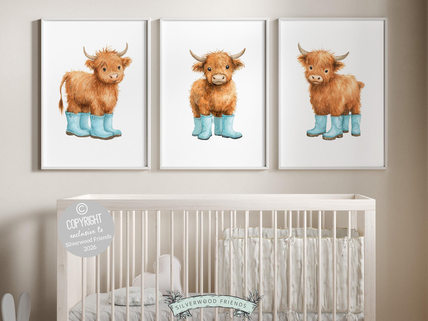 Highland Cow Nursery Print, Blue Highland Cow Nursery Decor, Watercolor Highland Cow Gift, Kids Farm Bedroom Wall Decor Digital Print