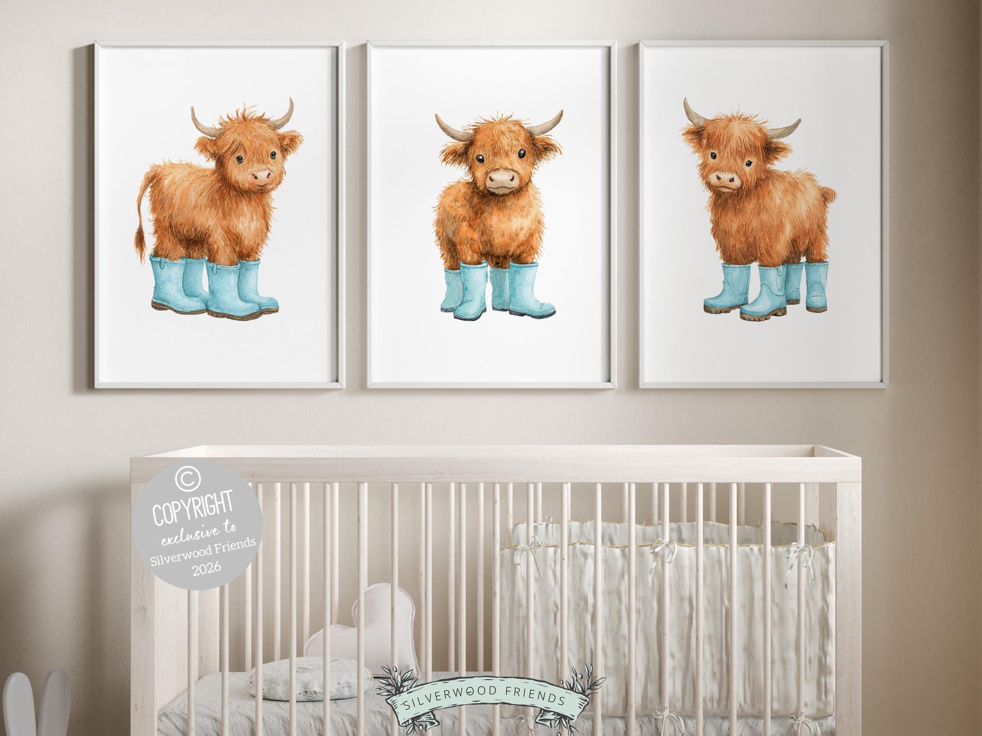 Highland Cow Nursery Print, Blue Highland Cow Nursery Decor, Watercolor Highland Cow Gift, Kids Farm Bedroom Wall Decor Digital Print