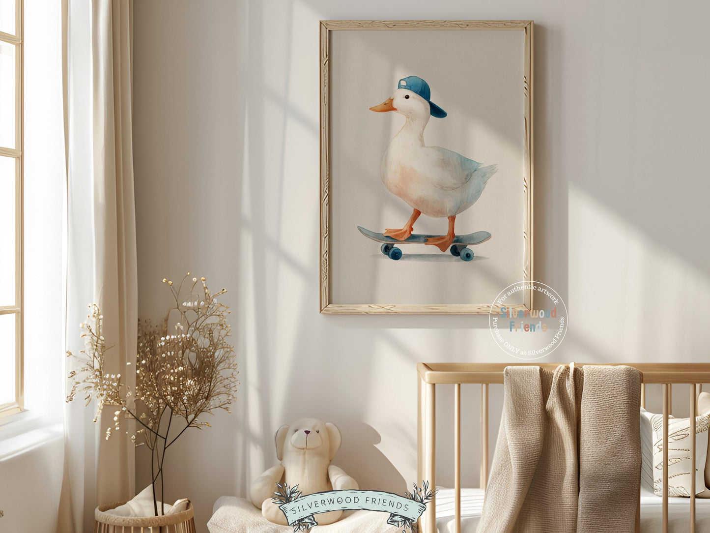 Duck Nursery Print, Farmyard Duckling Nursery Decor, Boys Sport Skateboard Nursery Wall Art, Kids Farm Animal Wall Decor Digital Print