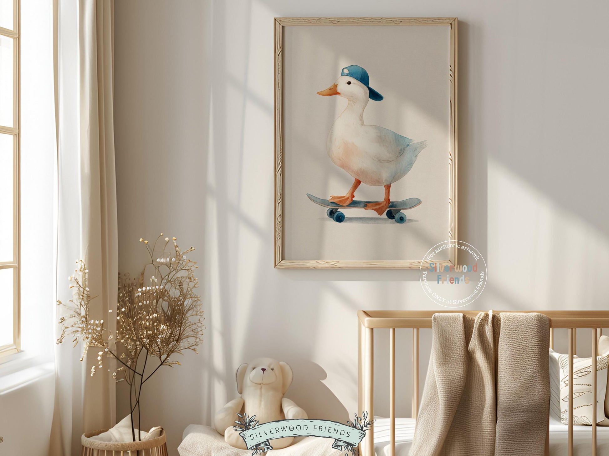 Duck Nursery Print, Farmyard Duckling Nursery Decor, Boys Sport Skateboard Nursery Wall Art, Kids Farm Animal Wall Decor Digital Print