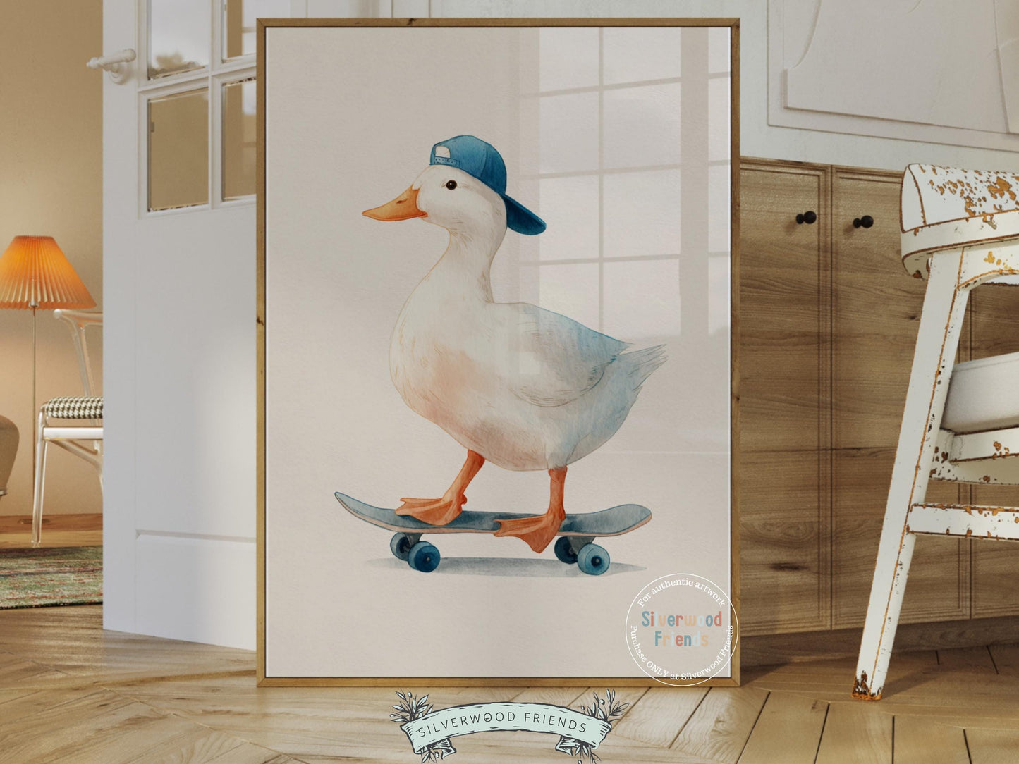 Duck Nursery Print, Farmyard Duckling Nursery Decor, Boys Sport Skateboard Nursery Wall Art, Kids Farm Animal Wall Decor Digital Print
