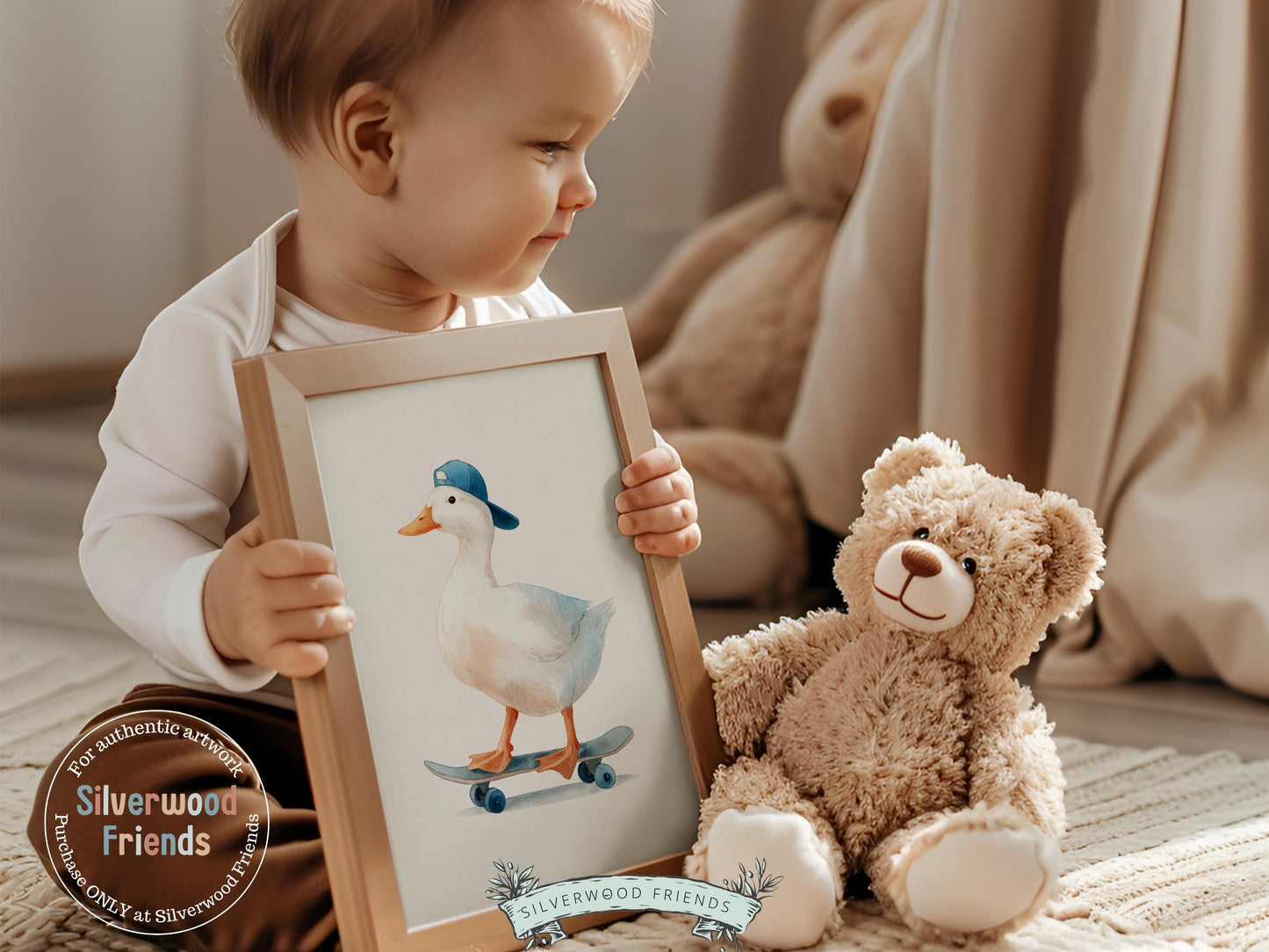 Duck Nursery Print, Farmyard Duckling Nursery Decor, Boys Sport Skateboard Nursery Wall Art, Kids Farm Animal Wall Decor Digital Print