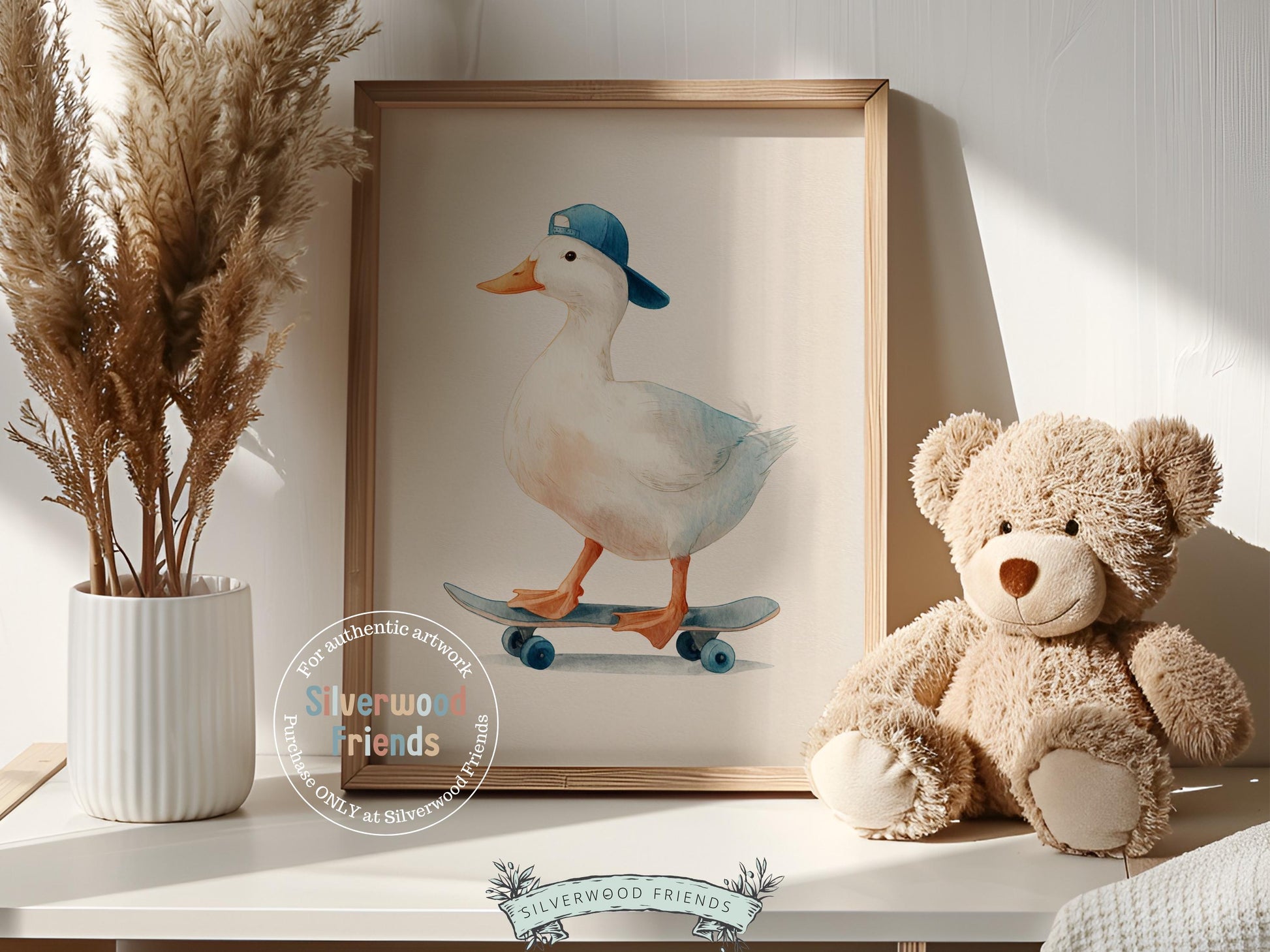 Duck Nursery Print, Farmyard Duckling Nursery Decor, Boys Sport Skateboard Nursery Wall Art, Kids Farm Animal Wall Decor Digital Print