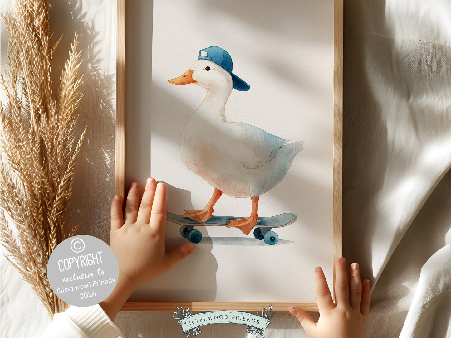 Duck Nursery Print, Farmyard Duckling Nursery Decor, Boys Sport Skateboard Nursery Wall Art, Kids Farm Animal Wall Decor Digital Print