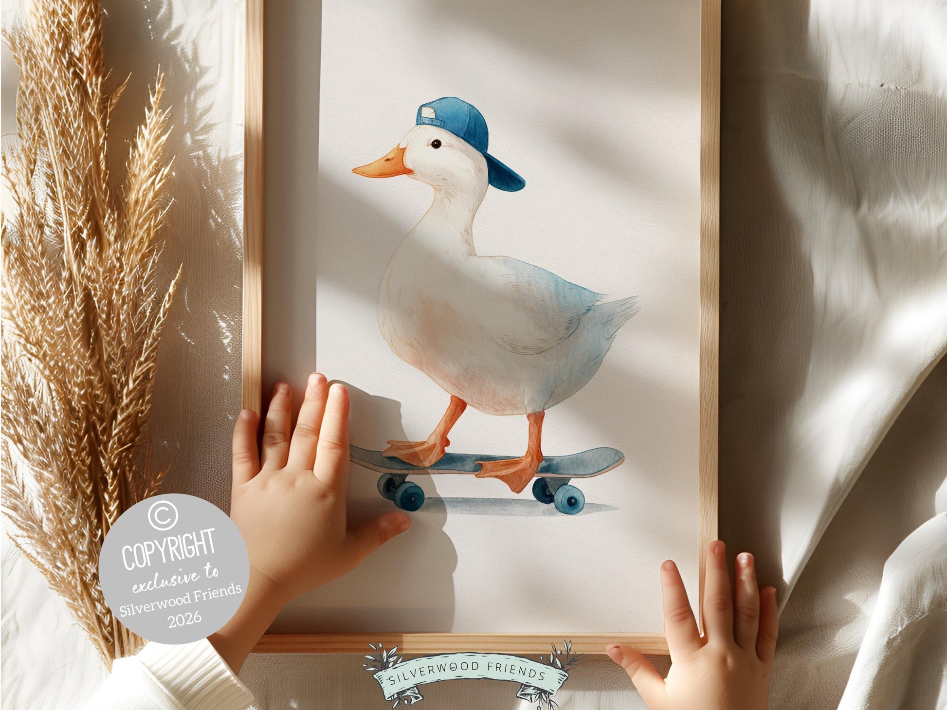 Duck Nursery Print, Farmyard Duckling Nursery Decor, Boys Sport Skateboard Nursery Wall Art, Kids Farm Animal Wall Decor Digital Print