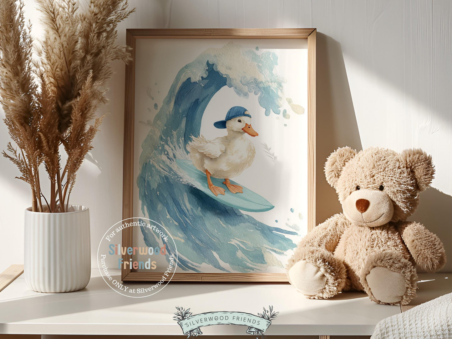 Duck Surfing Nursery Print, Farmyard Duckling Nursery Decor, Boys Surfboard Nursery Wall Art, Silly Goose Nursery Digital Print