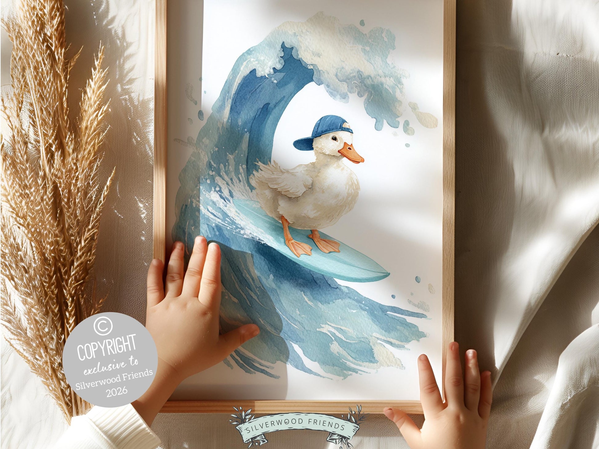 Duck Surfing Nursery Print, Farmyard Duckling Nursery Decor, Boys Surfboard Nursery Wall Art, Silly Goose Nursery Digital Print