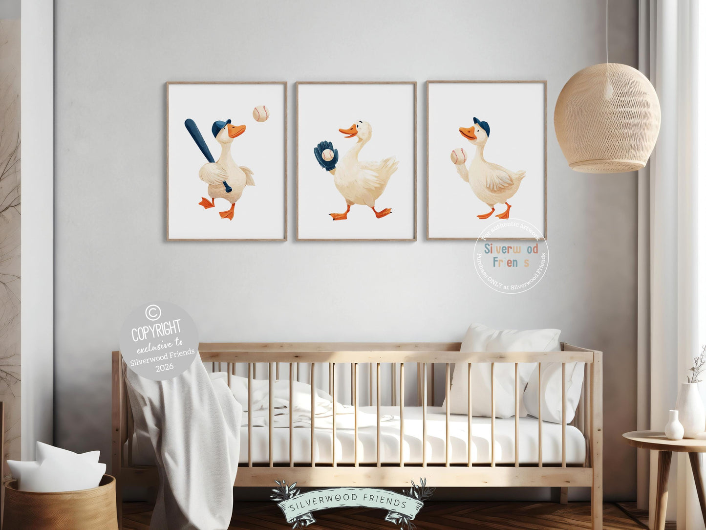 Set of 3 Baseball Duck Nursery Prints, Navy Blue Sports Nursery Decor, Softball Nursery Wall Art, Silly Goose Nursery Digital Print