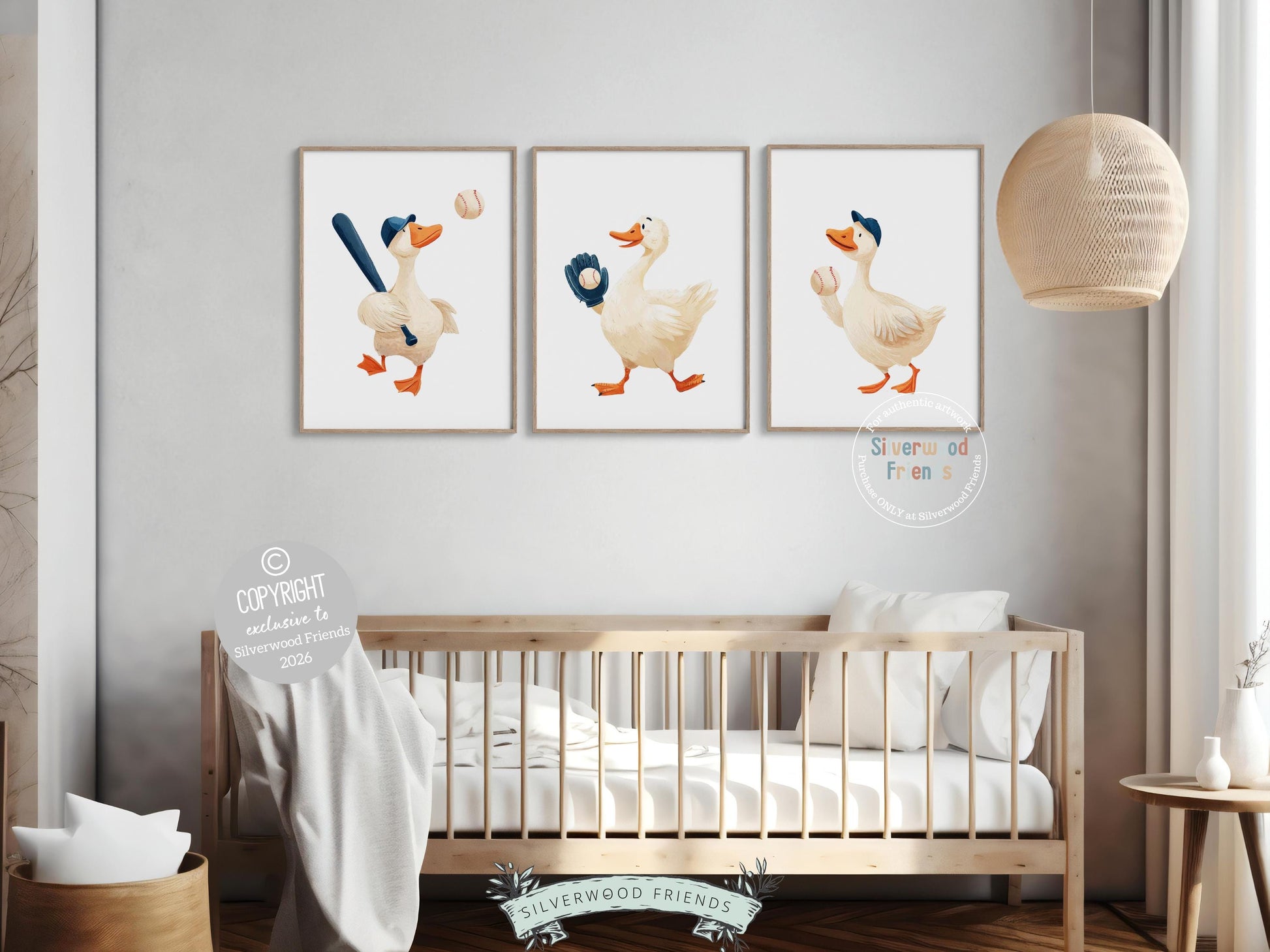 Set of 3 Baseball Duck Nursery Prints, Navy Blue Sports Nursery Decor, Softball Nursery Wall Art, Silly Goose Nursery Digital Print