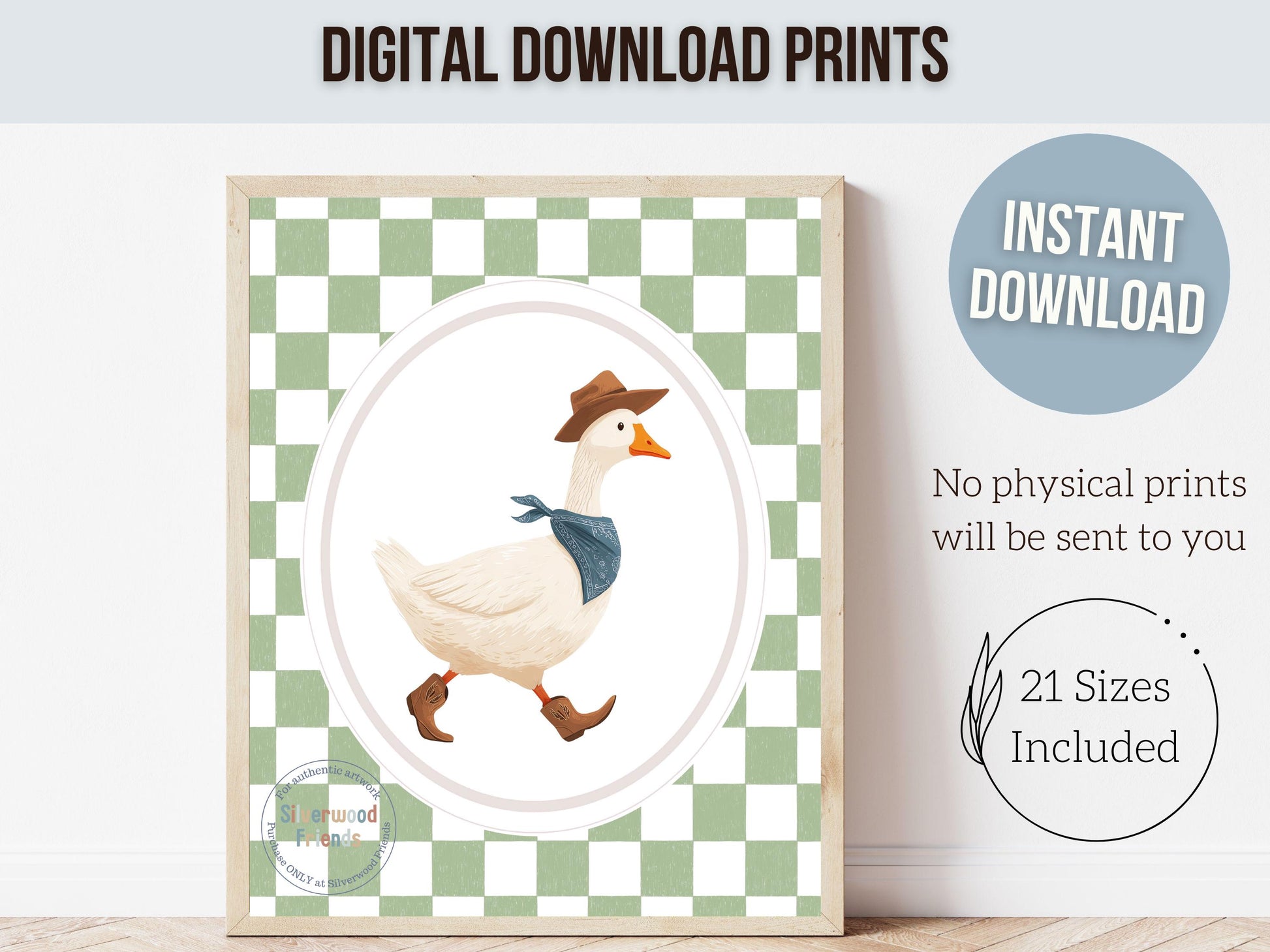 Vintage Cowboy Goose Nursery Wall Art, Toddler Cowboy Western Theme, Green Checkered Baby Boy Nursery Wall Decor, Western Duck Nursery Print