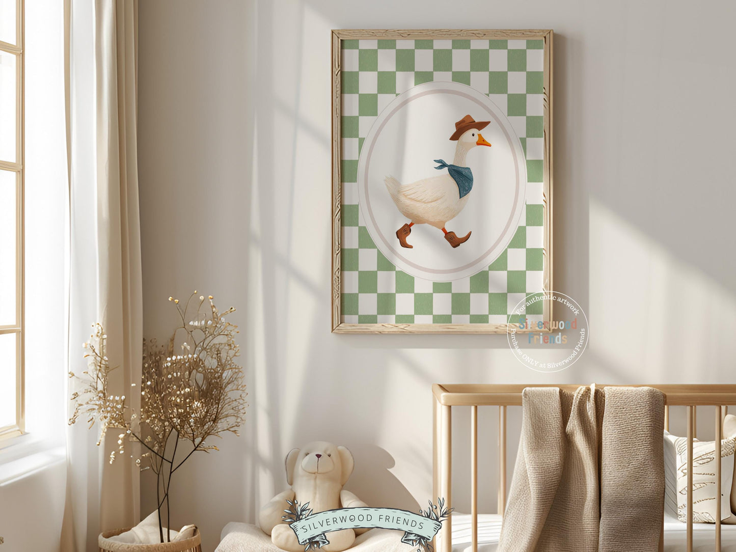 Vintage Cowboy Goose Nursery Wall Art, Toddler Cowboy Western Theme, Green Checkered Baby Boy Nursery Wall Decor, Western Duck Nursery Print