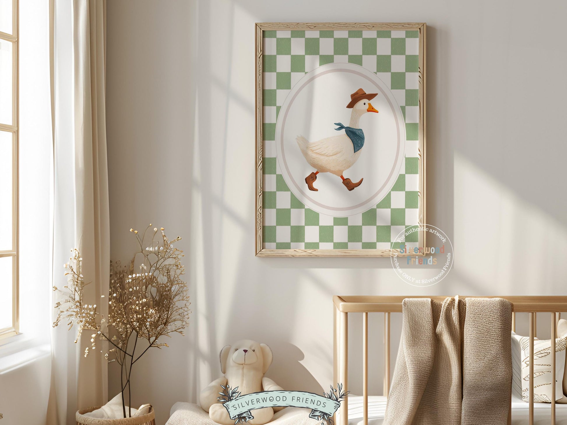 Vintage Cowboy Goose Nursery Wall Art, Toddler Cowboy Western Theme, Green Checkered Baby Boy Nursery Wall Decor, Western Duck Nursery Print