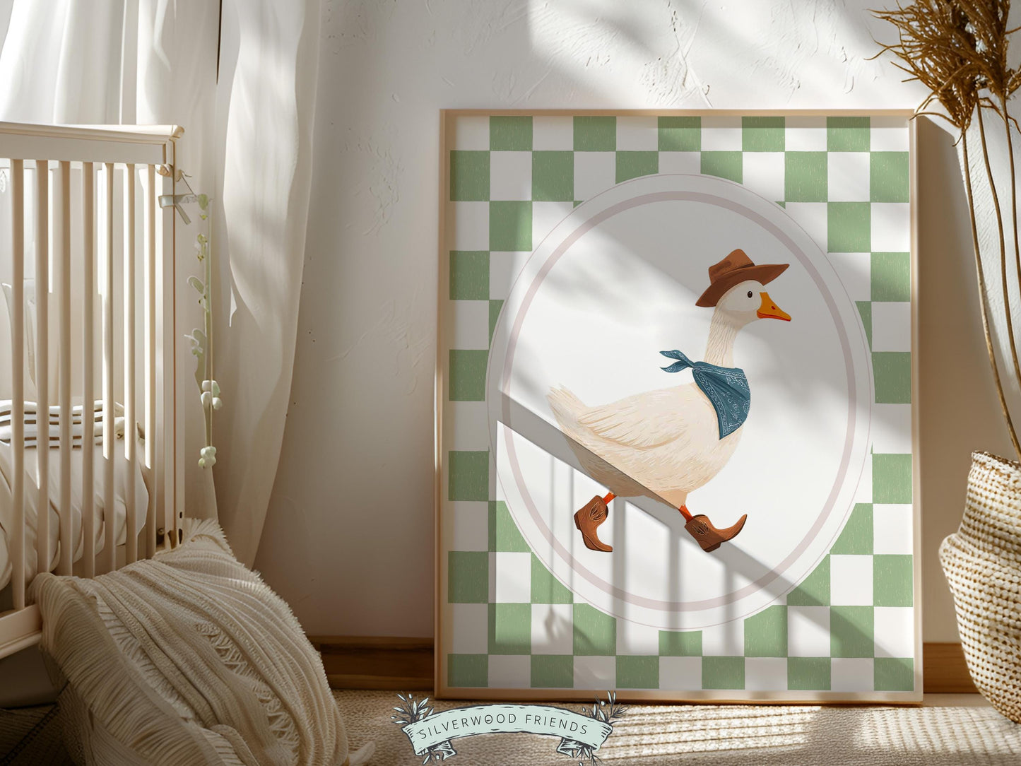 Vintage Cowboy Goose Nursery Wall Art, Toddler Cowboy Western Theme, Green Checkered Baby Boy Nursery Wall Decor, Western Duck Nursery Print