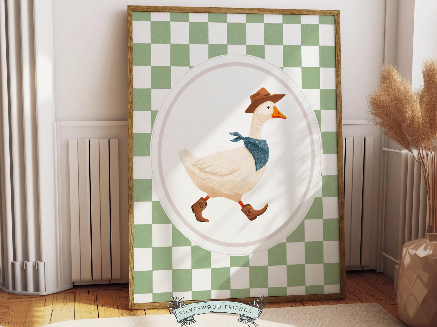 Vintage Cowboy Goose Nursery Wall Art, Toddler Cowboy Western Theme, Green Checkered Baby Boy Nursery Wall Decor, Western Duck Nursery Print