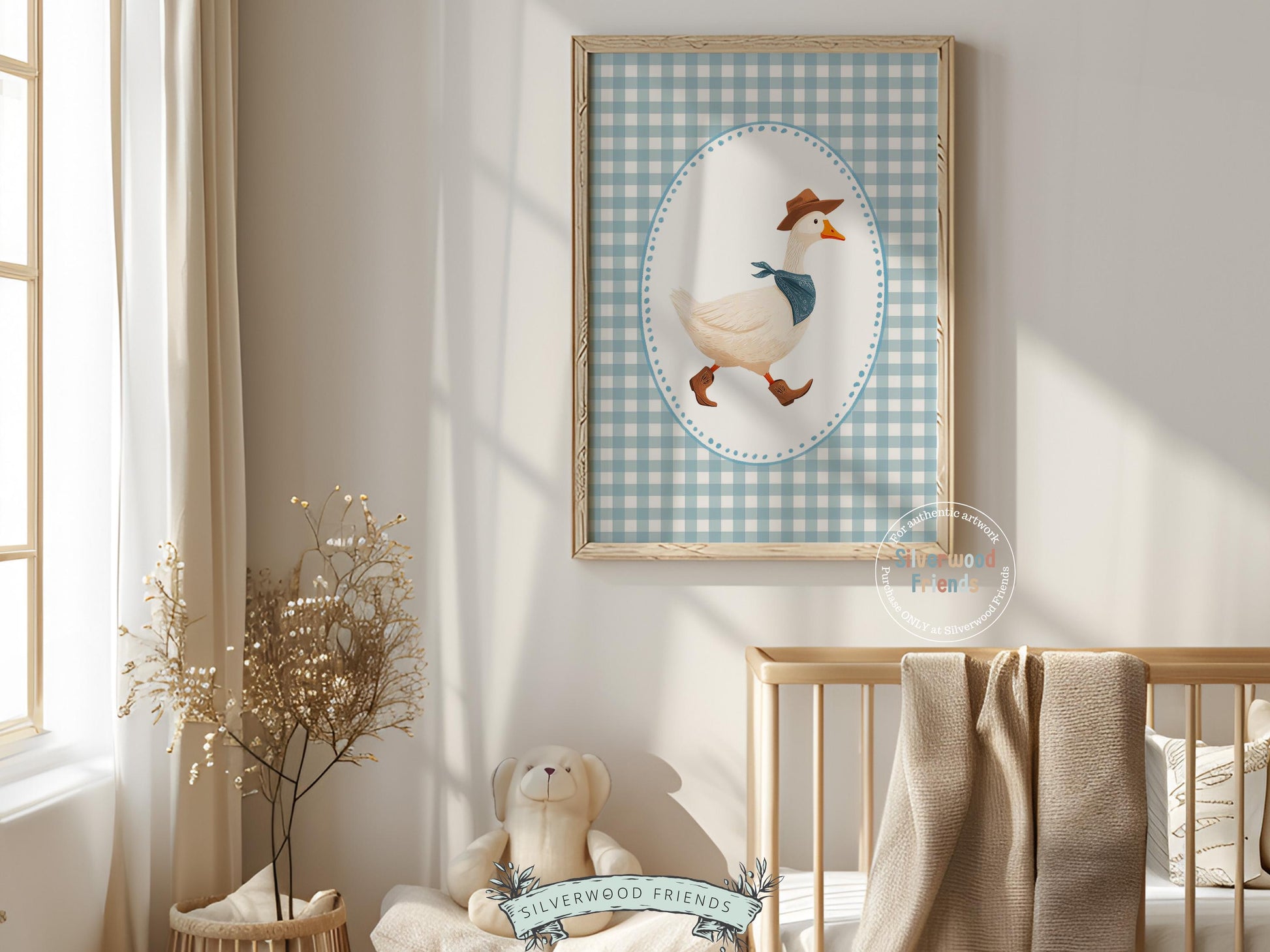Vintage Cowboy Goose Nursery Wall Art, Toddler Cowboy Western Theme, Blue Checkered Baby Boy Nursery Wall Decor, Western Duck Digital Print