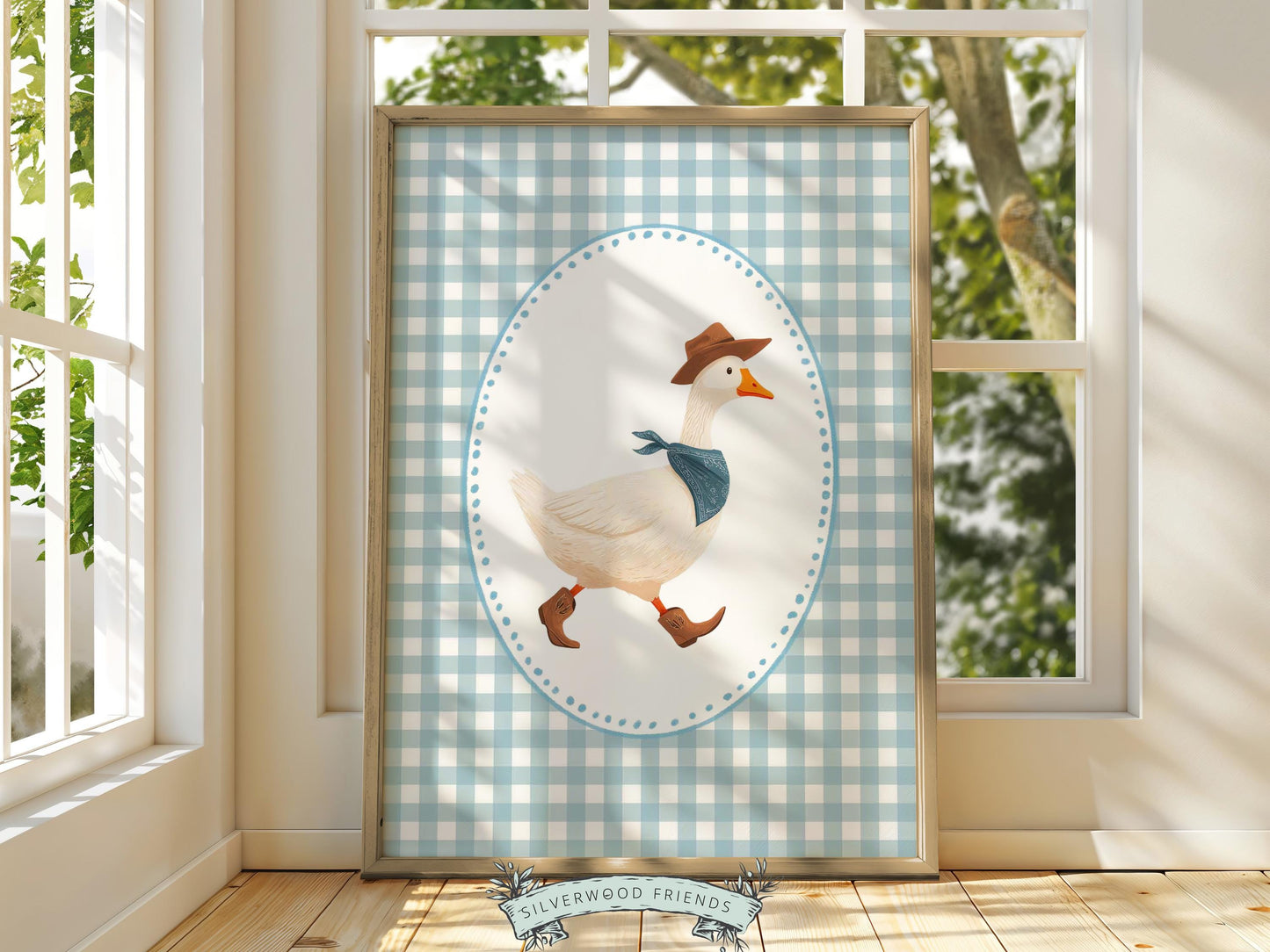 Vintage Cowboy Goose Nursery Wall Art, Toddler Cowboy Western Theme, Blue Checkered Baby Boy Nursery Wall Decor, Western Duck Digital Print