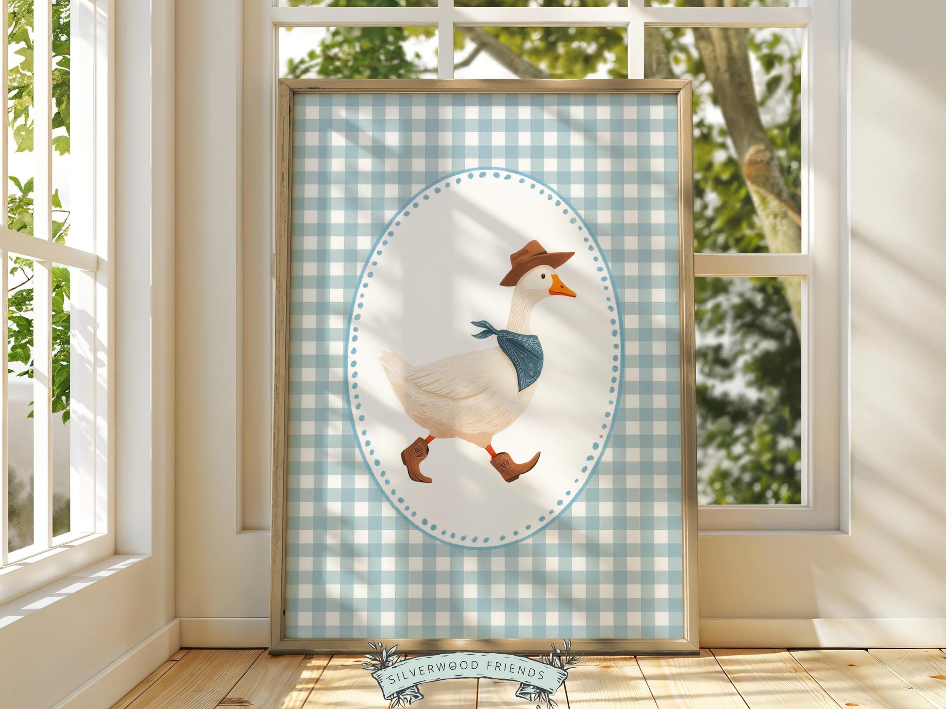 Vintage Cowboy Goose Nursery Wall Art, Toddler Cowboy Western Theme, Blue Checkered Baby Boy Nursery Wall Decor, Western Duck Digital Print