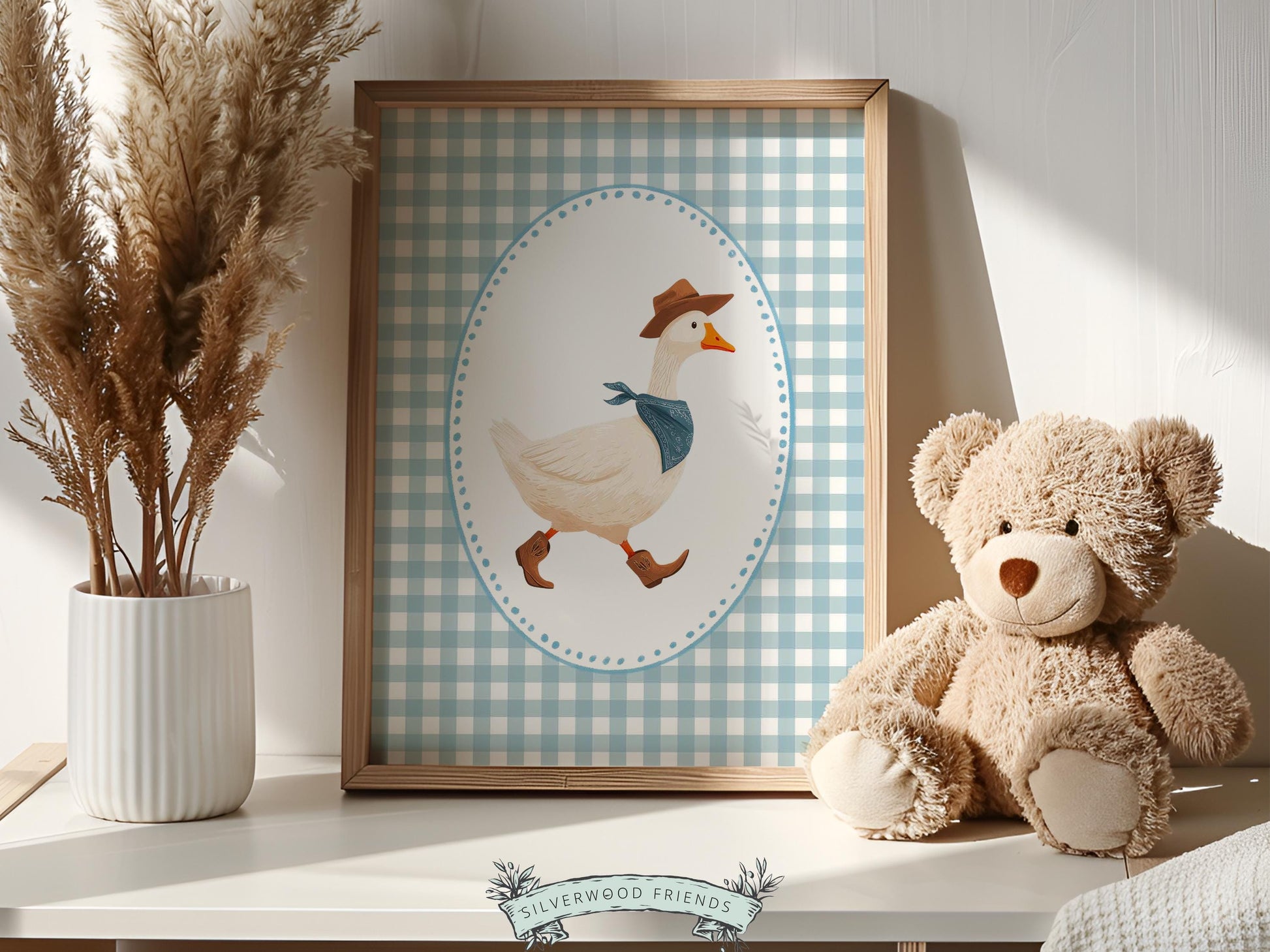 Vintage Cowboy Goose Nursery Wall Art, Toddler Cowboy Western Theme, Blue Checkered Baby Boy Nursery Wall Decor, Western Duck Digital Print
