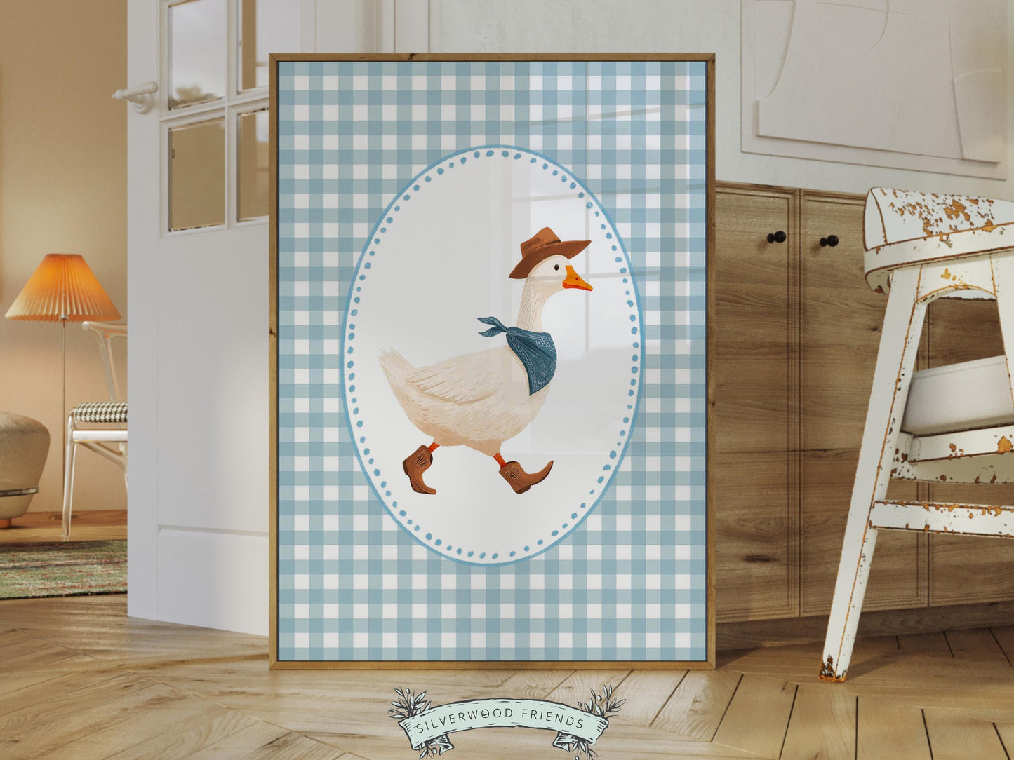 Vintage Cowboy Goose Nursery Wall Art, Toddler Cowboy Western Theme, Blue Checkered Baby Boy Nursery Wall Decor, Western Duck Digital Print