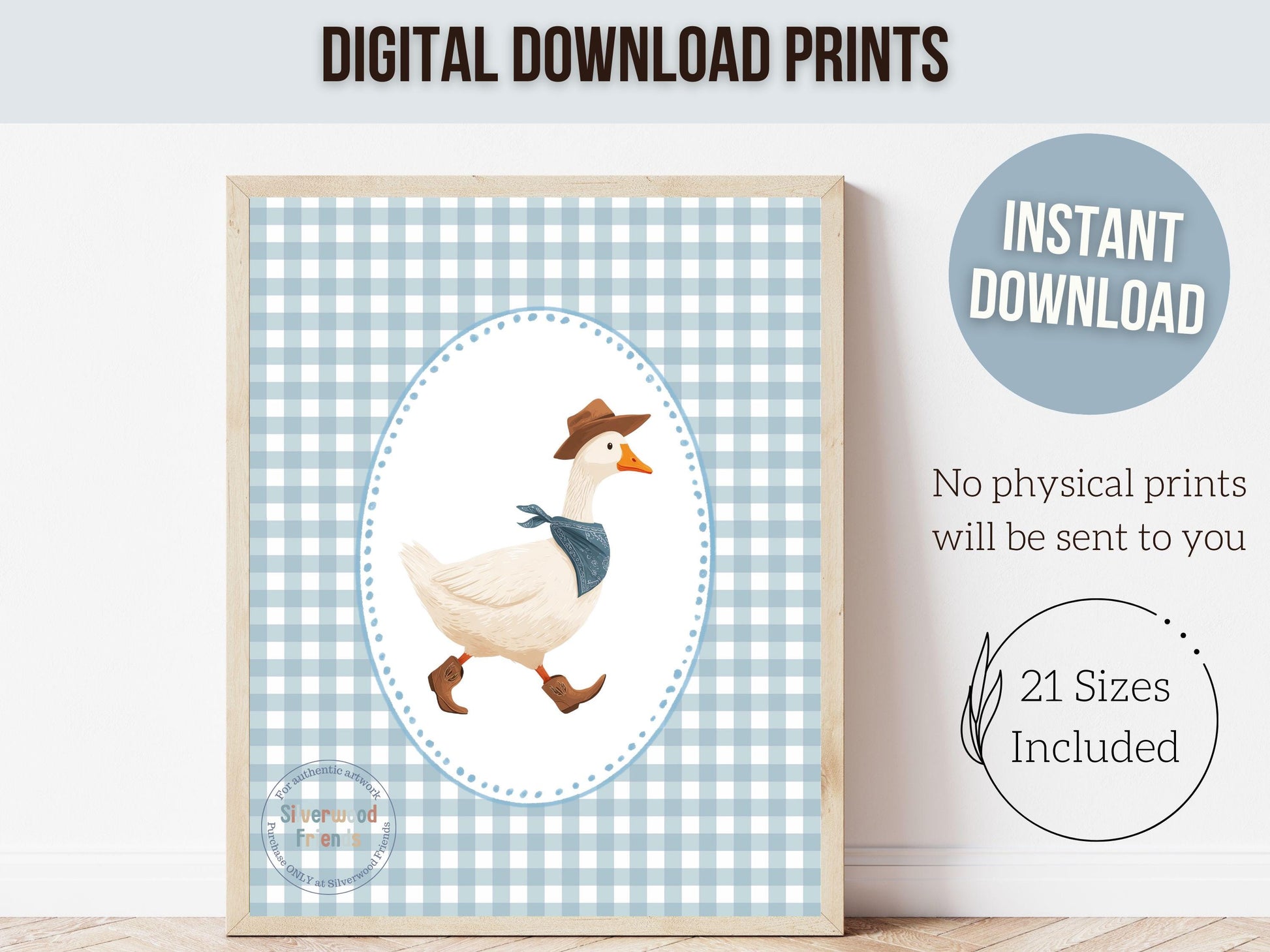 Vintage Cowboy Goose Nursery Wall Art, Toddler Cowboy Western Theme, Blue Checkered Baby Boy Nursery Wall Decor, Western Duck Digital Print