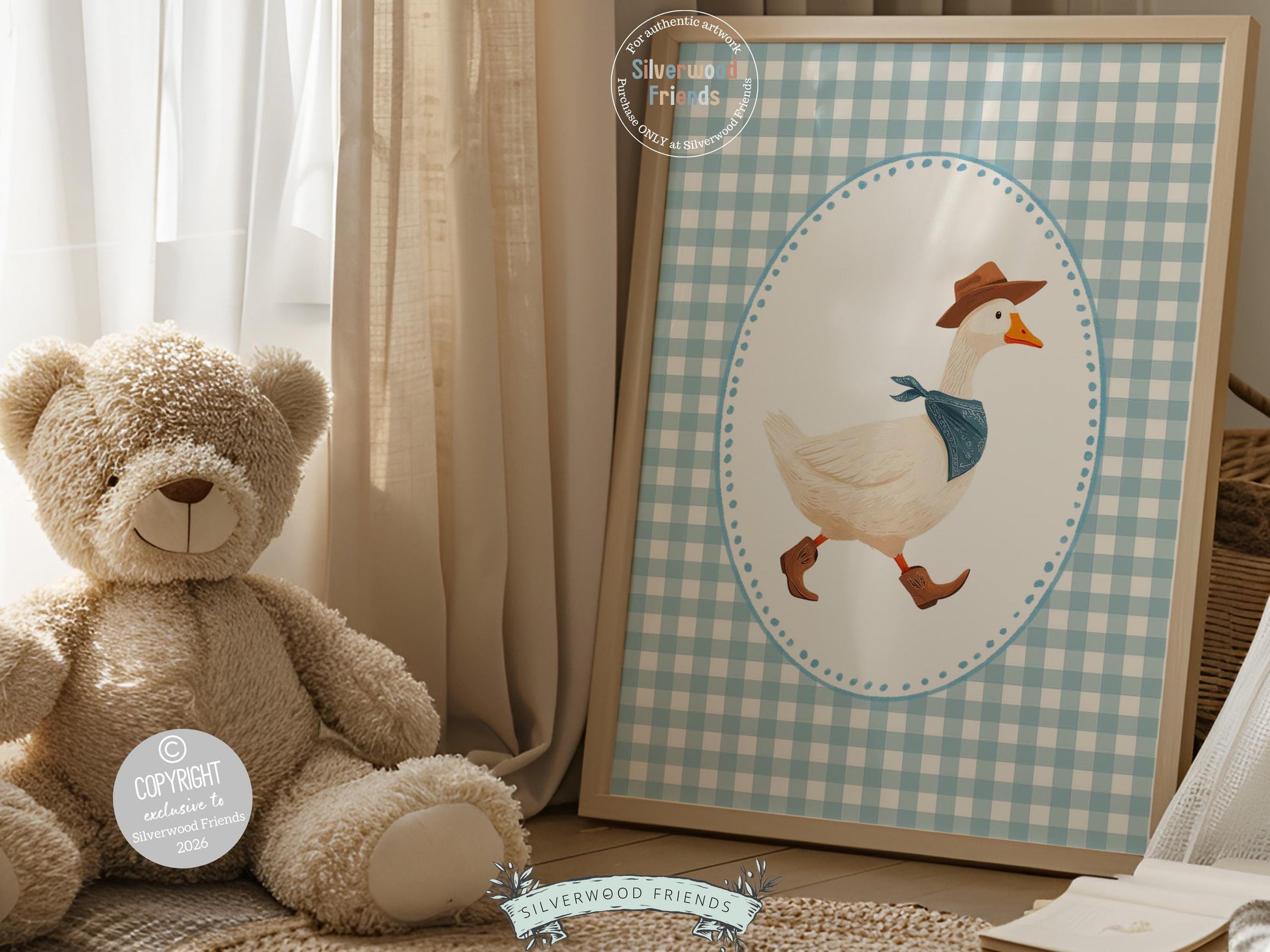 Vintage Cowboy Goose Nursery Wall Art, Toddler Cowboy Western Theme, Blue Checkered Baby Boy Nursery Wall Decor, Western Duck Digital Print