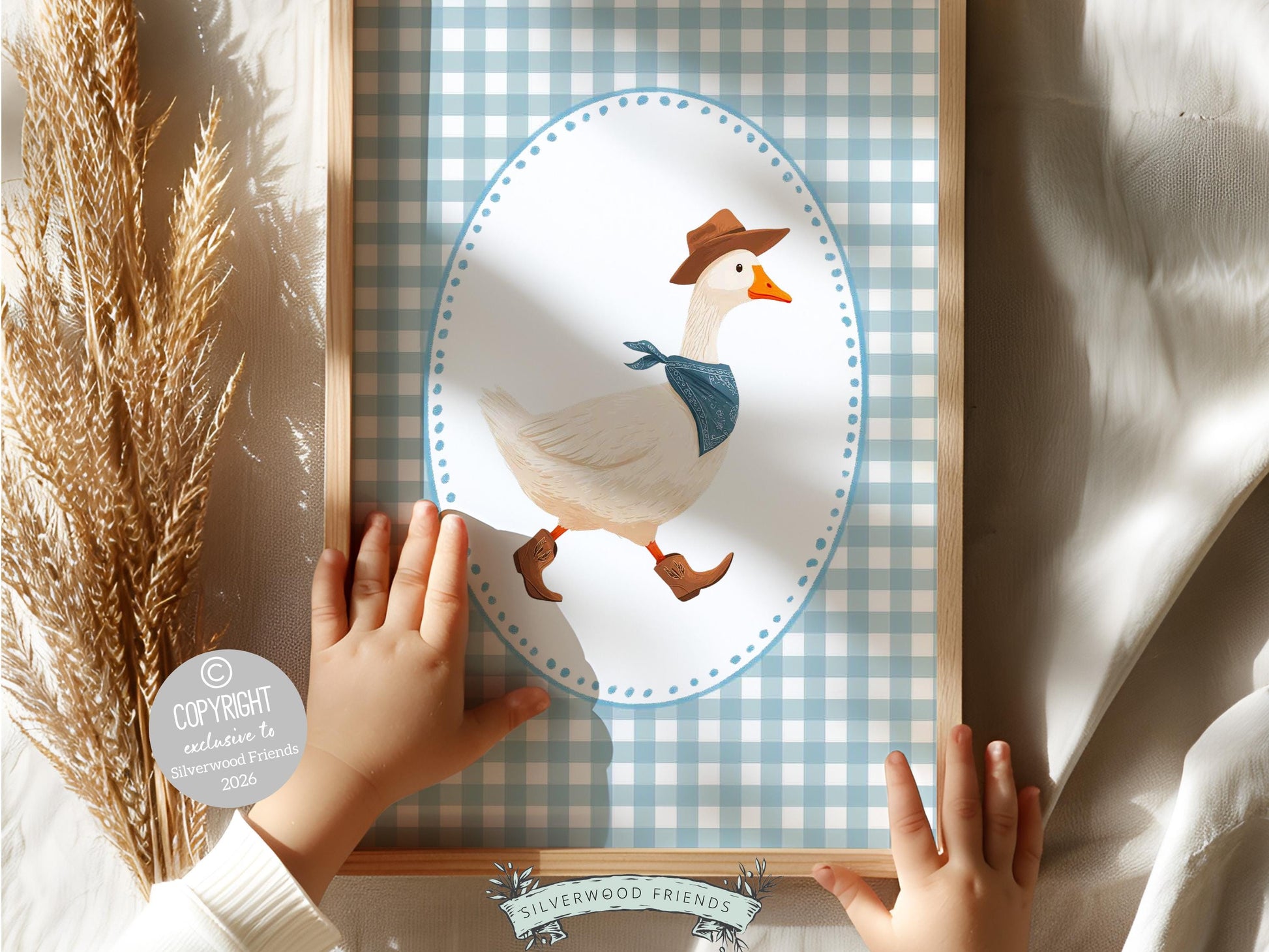 Vintage Cowboy Goose Nursery Wall Art, Toddler Cowboy Western Theme, Blue Checkered Baby Boy Nursery Wall Decor, Western Duck Digital Print