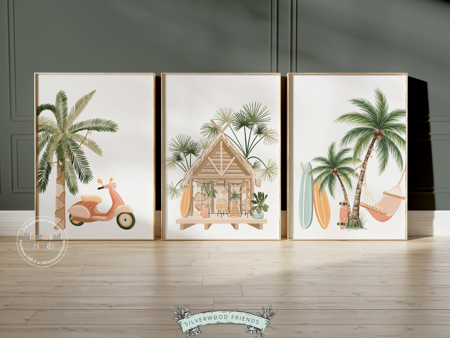 Set of 3 Surfboard Palm Tree Prints, Coastal Nursery Wall Art, Beach House Bedroom Wall Decor (Digital Download)