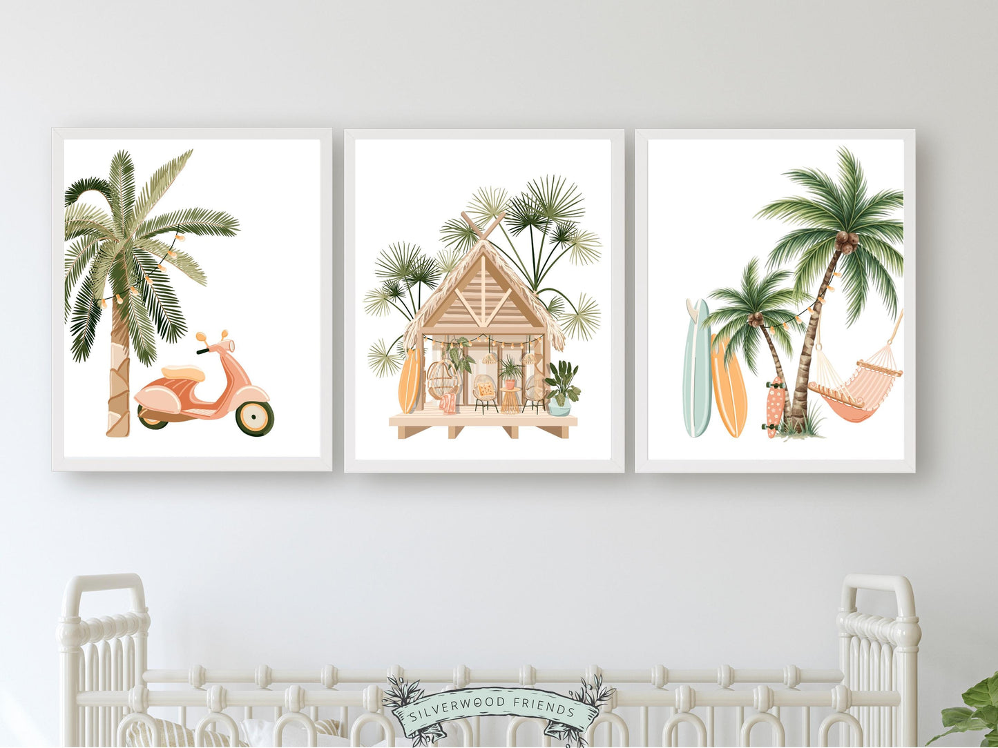 Set of 3 Surfboard Palm Tree Prints, Coastal Nursery Wall Art, Beach House Bedroom Wall Decor (Digital Download)