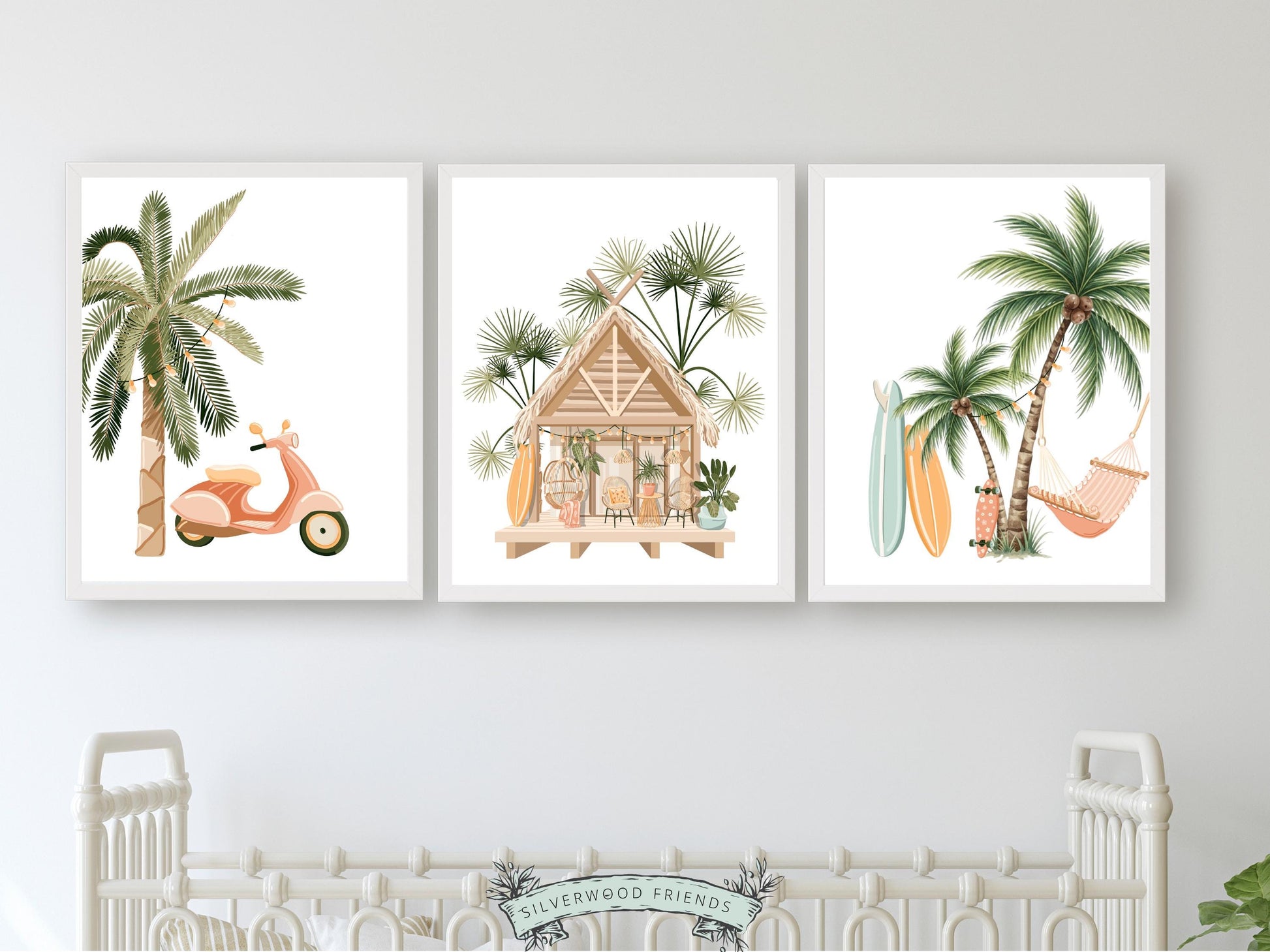 Set of 3 Surfboard Palm Tree Prints, Coastal Nursery Wall Art, Beach House Bedroom Wall Decor (Digital Download)