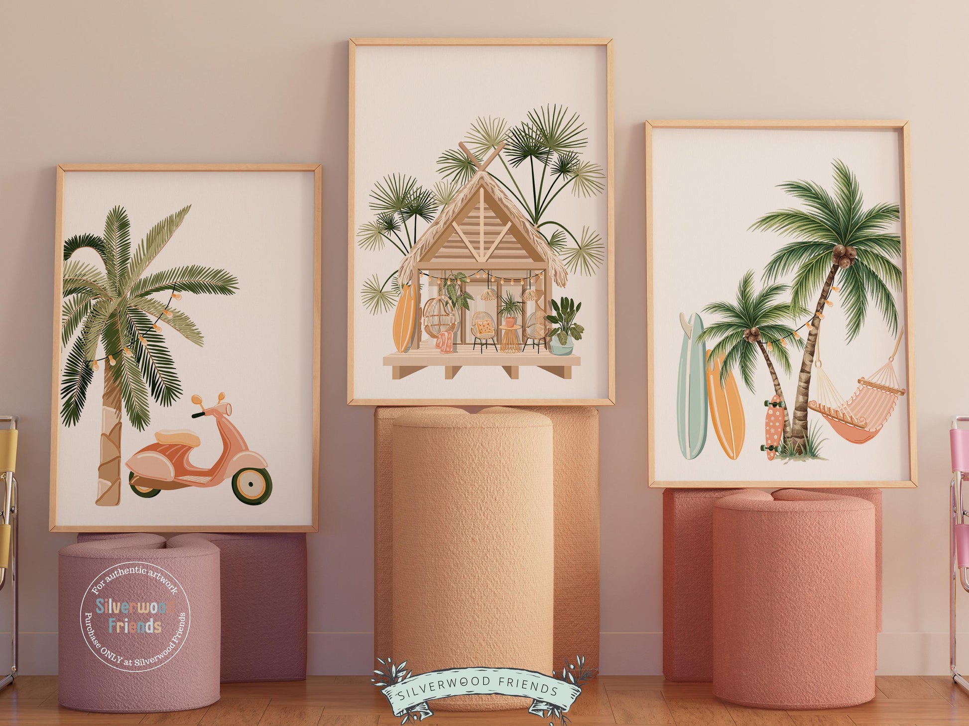 Set of 3 Surfboard Palm Tree Prints, Coastal Nursery Wall Art, Beach House Bedroom Wall Decor (Digital Download)