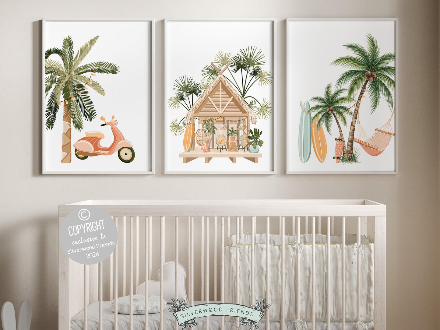Set of 3 Surfboard Palm Tree Prints, Coastal Nursery Wall Art, Beach House Bedroom Wall Decor (Digital Download)