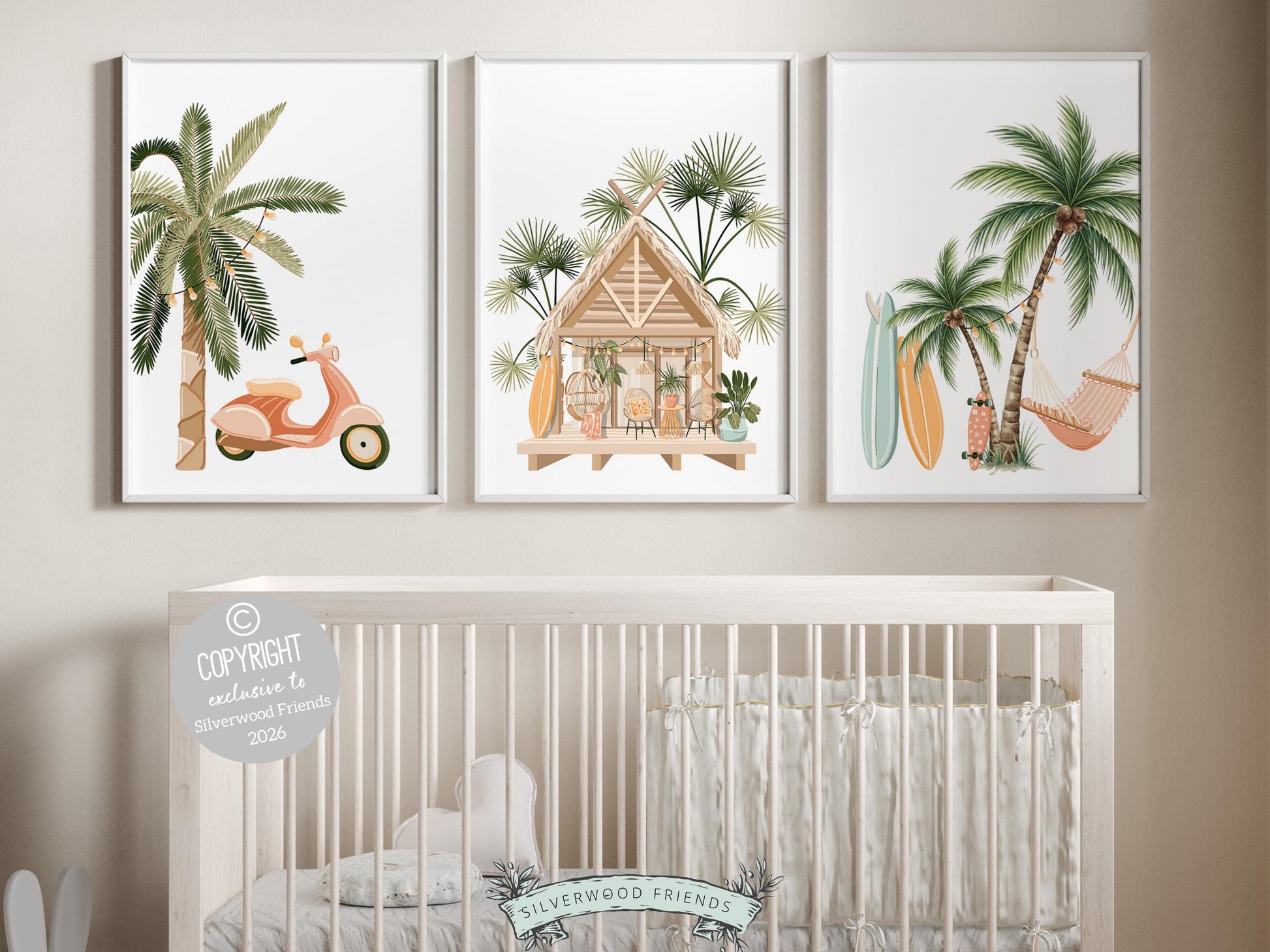 Set of 3 Surfboard Palm Tree Prints, Coastal Nursery Wall Art, Beach House Bedroom Wall Decor (Digital Download)
