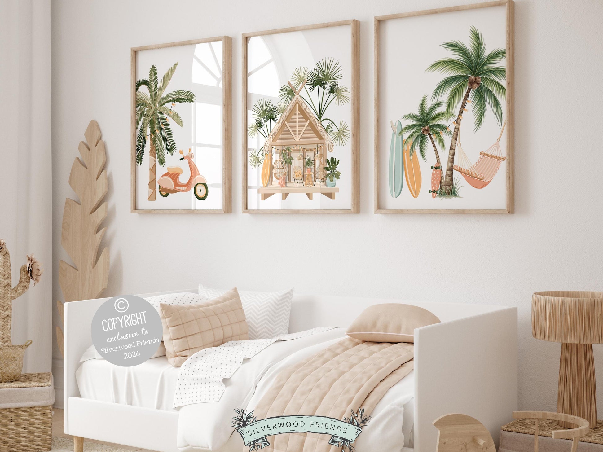 Enhance your decor with our versatile Set of 3 Surfboard Palm Tree Prints. Ideal for your beach house decor or surfing room wall decor, our digital prints also make a unique baby shower gift, adding a serene coastal touch to any space.