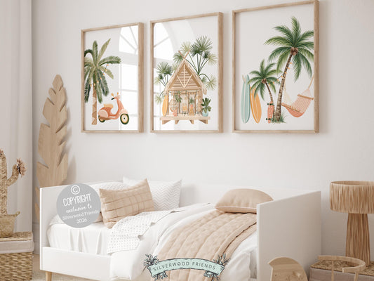 Enhance your decor with our versatile Set of 3 Surfboard Palm Tree Prints. Ideal for your beach house decor or surfing room wall decor, our digital prints also make a unique baby shower gift, adding a serene coastal touch to any space.