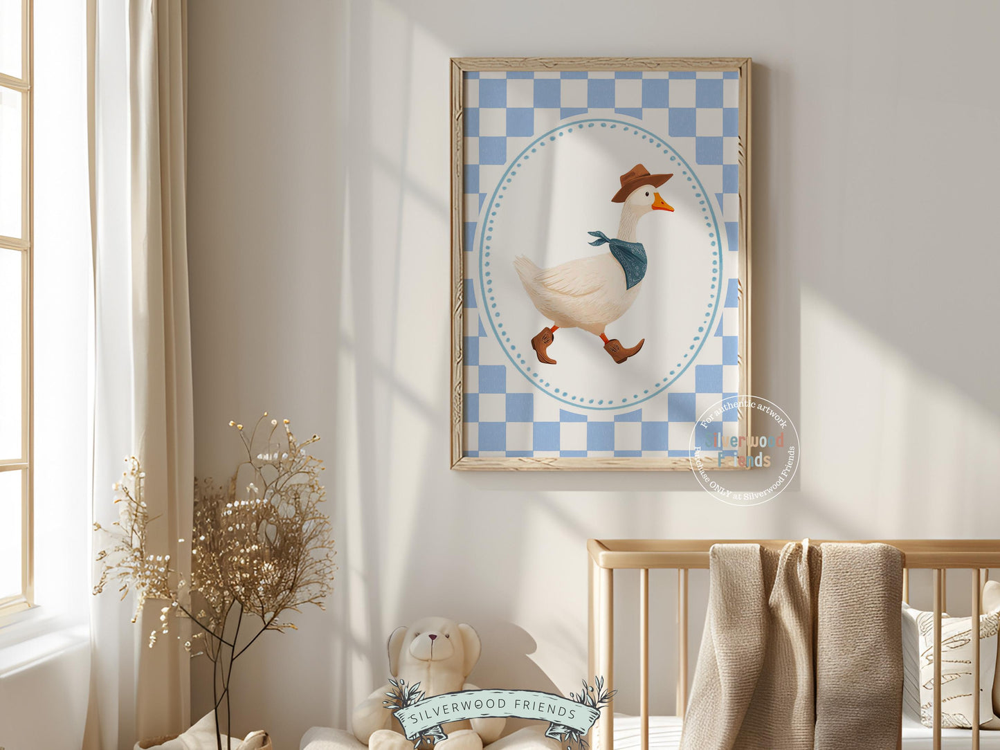 Cowboy Goose Nursery Print, Western Baby Boy Decor, Blue Gingham Silly Goose Nursery Wall Art (Digital Download)
