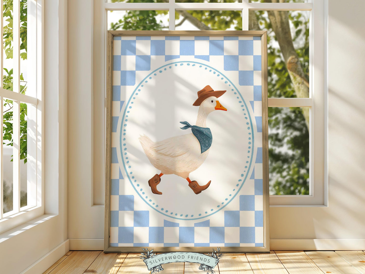 Cowboy Goose Nursery Print, Western Baby Boy Decor, Blue Gingham Silly Goose Nursery Wall Art (Digital Download)