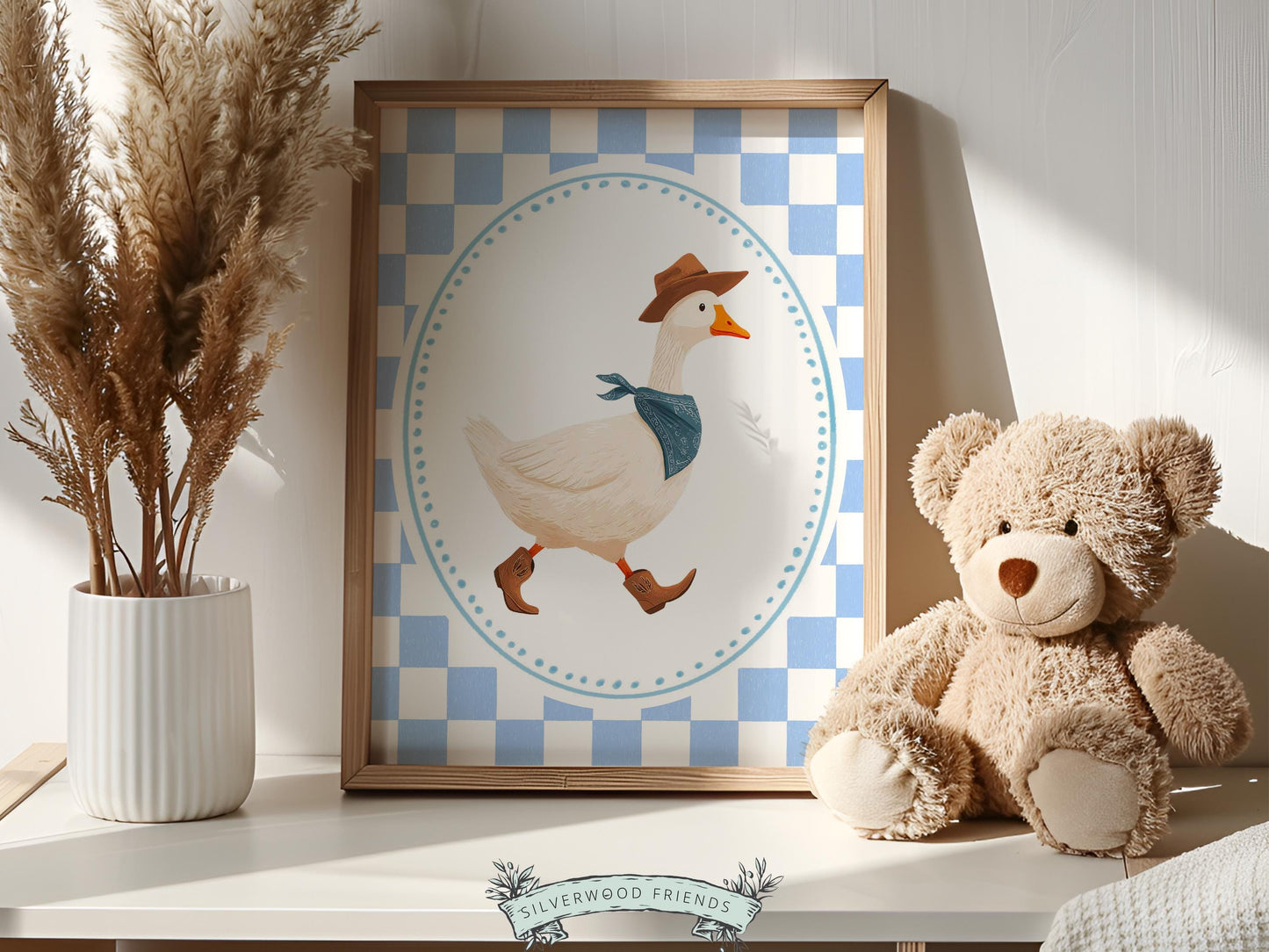 Cowboy Goose Nursery Print, Western Baby Boy Decor, Blue Gingham Silly Goose Nursery Wall Art (Digital Download)