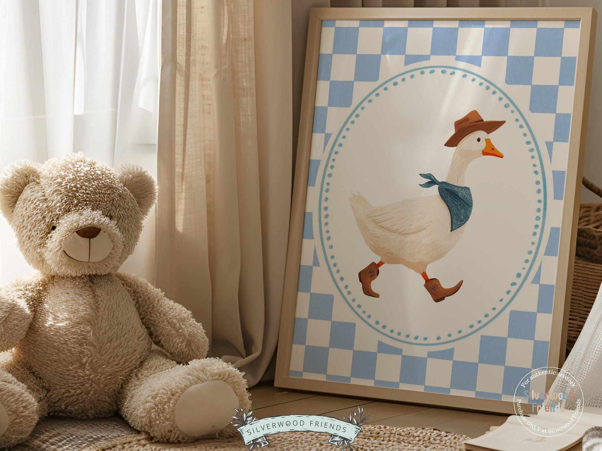 Cowboy Goose Nursery Print, Western Baby Boy Decor, Blue Gingham Silly Goose Nursery Wall Art (Digital Download)