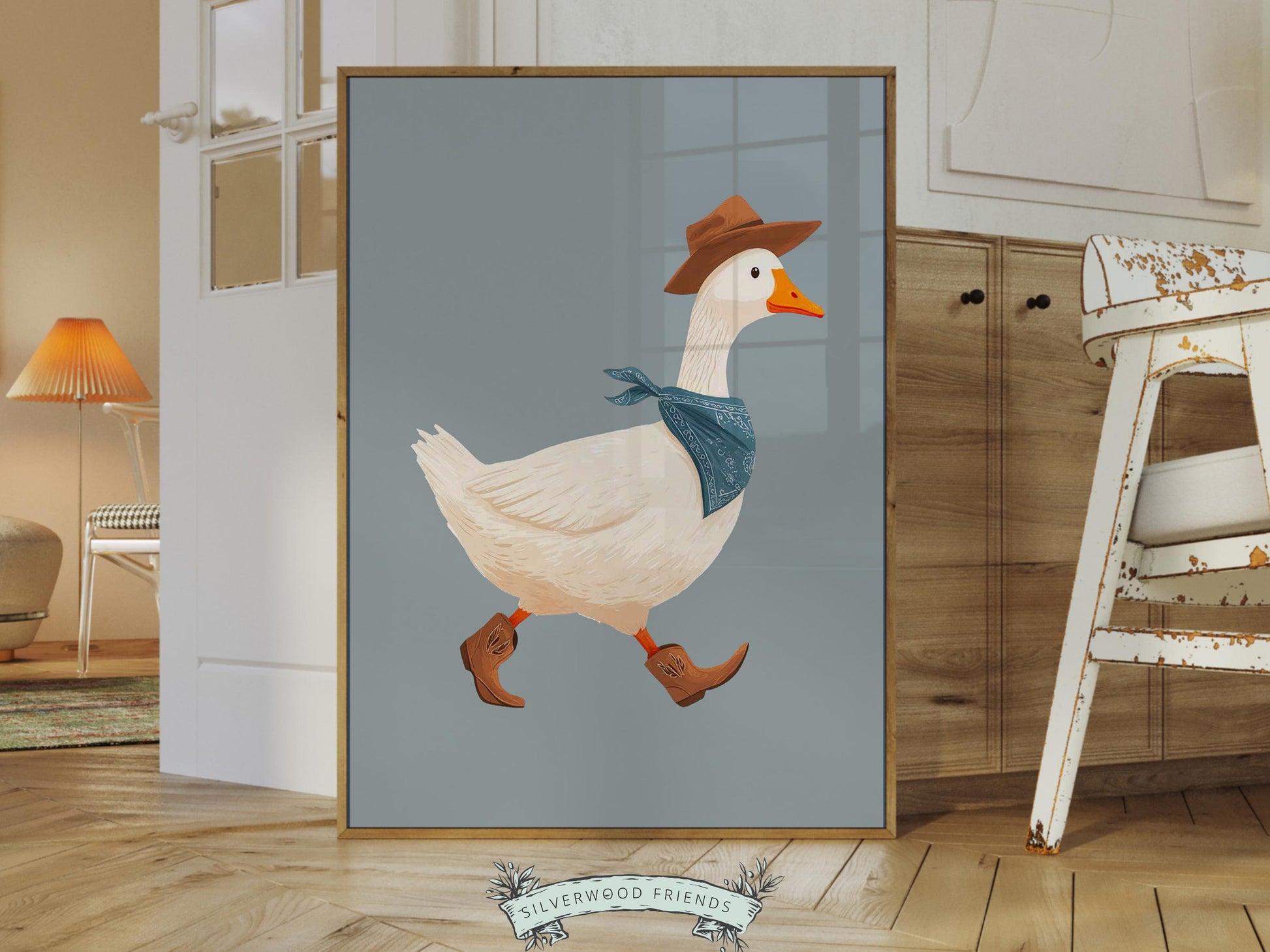 Cowboy Goose Nursery Print, Western Baby Boy Decor, Baby Boy Blue Nursery Wall Art (Digital Download)