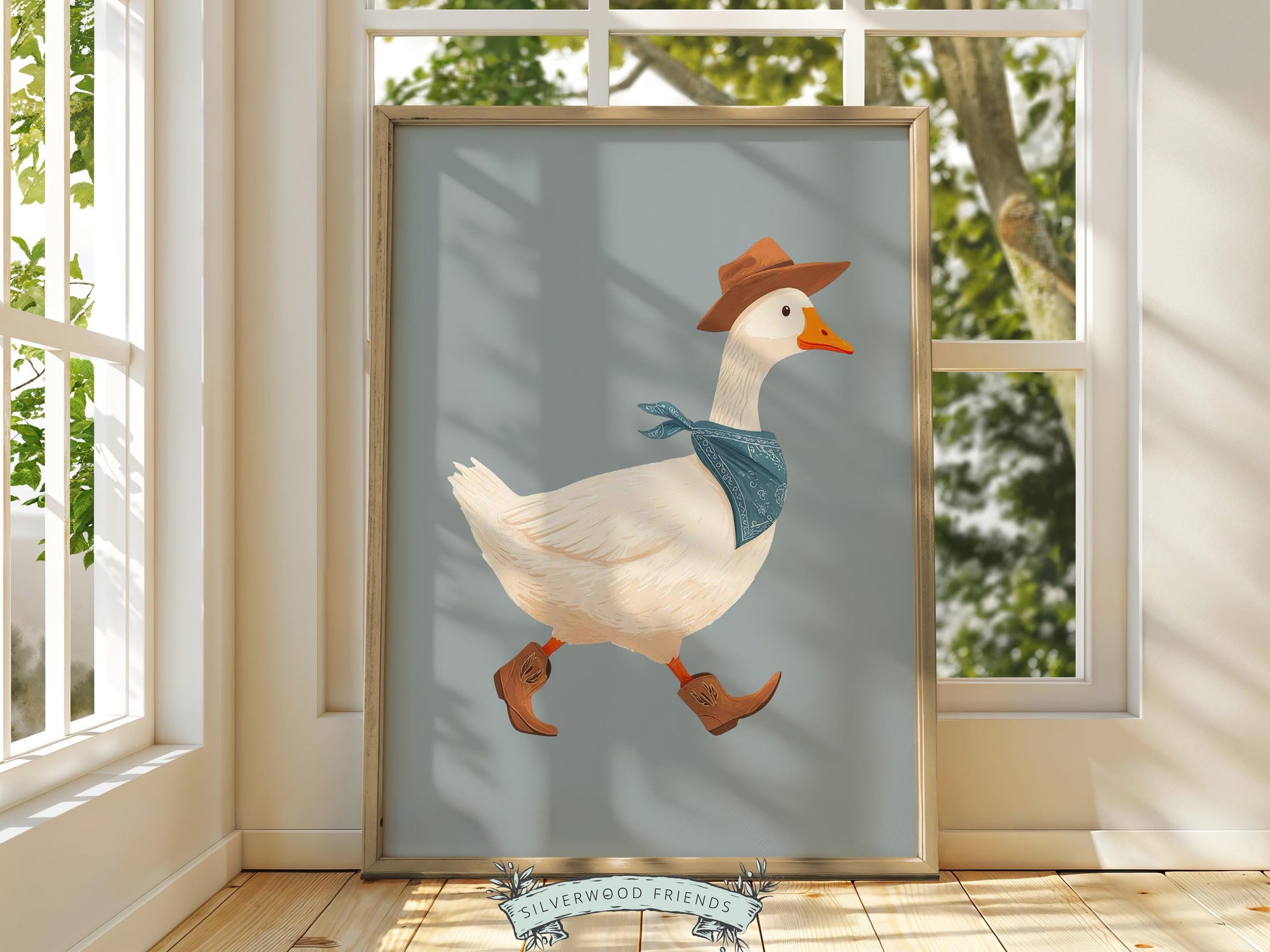 Cowboy Goose Nursery Print, Western Baby Boy Decor, Baby Boy Blue Nursery Wall Art (Digital Download)