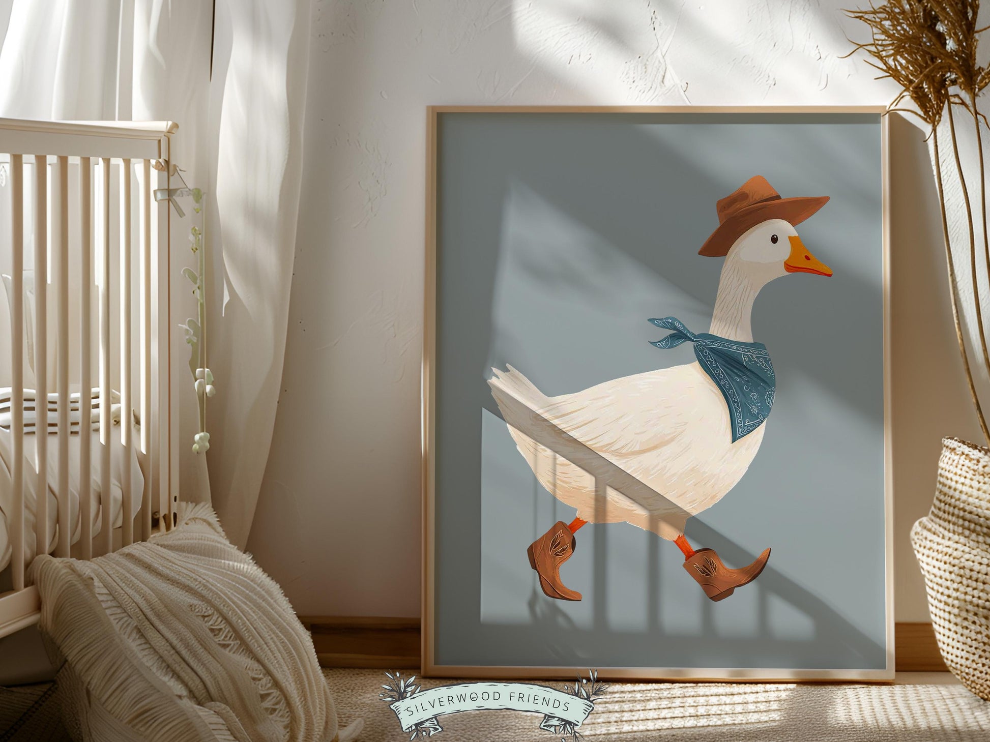 Cowboy Goose Nursery Print, Western Baby Boy Decor, Baby Boy Blue Nursery Wall Art (Digital Download)