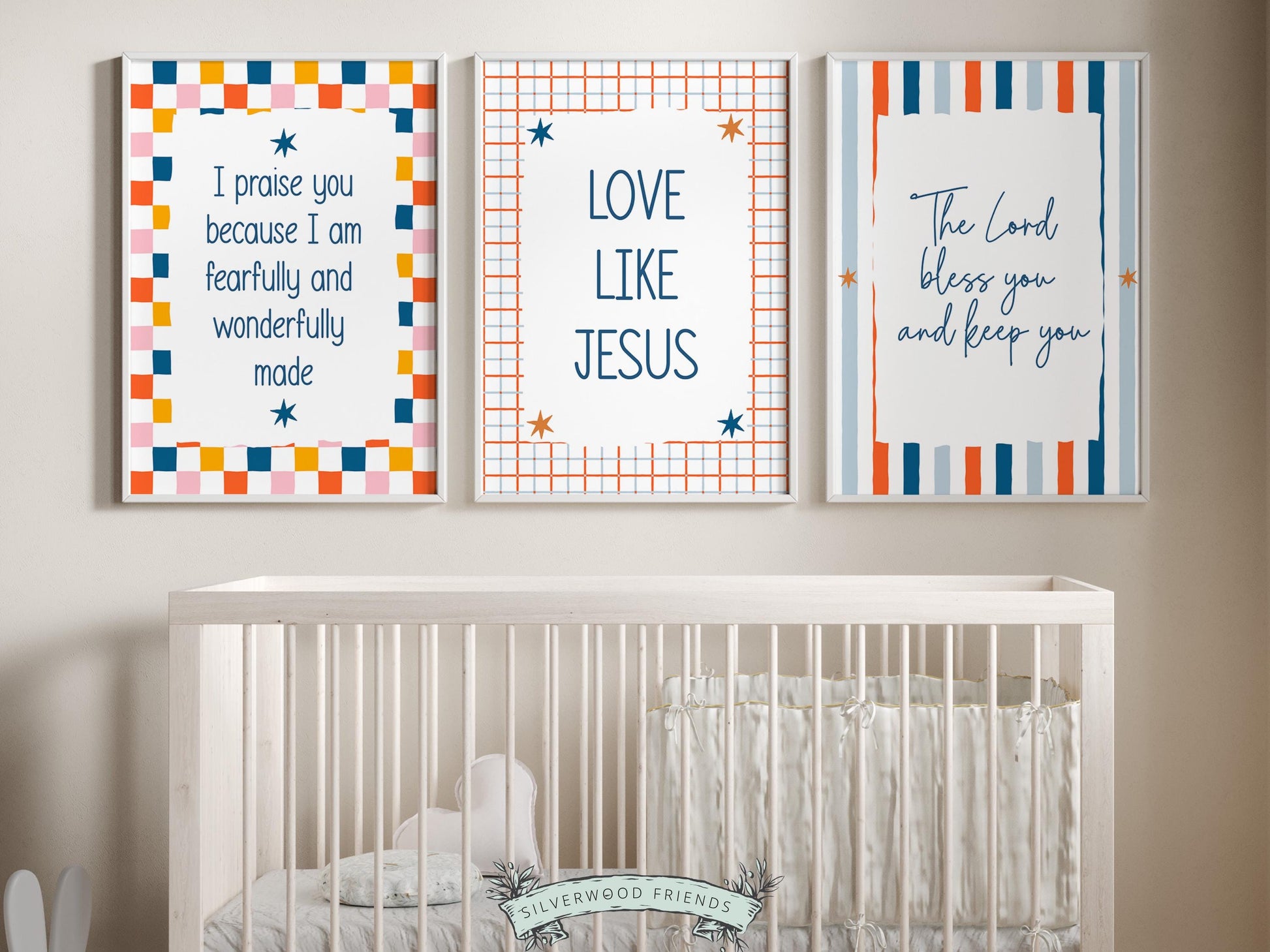 Create a peaceful and faith-filled space with this set of 3 Christian wall art prints for kids, designed in a playful boho style with a colorful, gender-neutral colour palette. Each print features a meaningful Bible verse or faith-based affirmation to encourage children, build confidence, and remind them of God’s love every day.