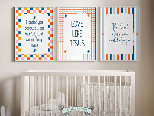Create a peaceful and faith-filled space with this set of 3 Christian wall art prints for kids, designed in a playful boho style with a colorful, gender-neutral colour palette. Each print features a meaningful Bible verse or faith-based affirmation to encourage children, build confidence, and remind them of God’s love every day.